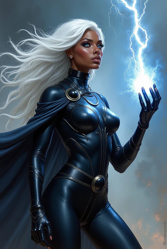 Full-body centered image of Storm, X-Men superheroine, a black woman, with healthy, well-groomed skin tone. Storm has a thin but curvy body, with a well-defined silhouette, extremely feminine and sensual. Small, round, firm and prominent breasts. White, silver, long, waist-length hair. (((His eyes are bright blue))), expressive and penetrating. She is on the beach, on a sunny day, wearing a (((red crochet)) bikini. Storm has a striking and sensual presence. She is smiling exuding an aura of joy and relaxation. Storm, ultra-detailed official artwork, extremely detailed Unity 8k CG wallpaper, perfect lighting, colorful, ultra-high resolution, photography, 8K, HDR, Kodak portra 400, film grain, blurred background, (bokeh: 1, 2), (vibrant color: 1.2), film grain: 1.2, (warm hue, warm tone: 1.2), (color photo), professional photography.