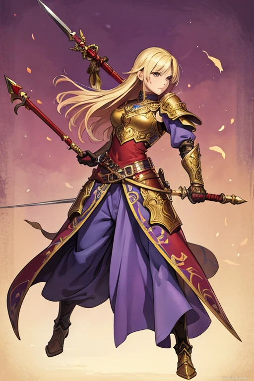 estilo final fantasy tactics, Watercolor shading, hand-painted texture,  dynamic pose style,  blond hair, detailed and ornate armor with red hues , Solid purple spear ornamented with bright highlights, intricate, fantasy-inspired weapon design, soft, muted color palette, medieval fantasy aesthetic, fine line art with delicate shading, parchment-style background, detailed rendering with visible brushstrokes,  fantasy illustration with a nostalgic and classic RPG vibe 