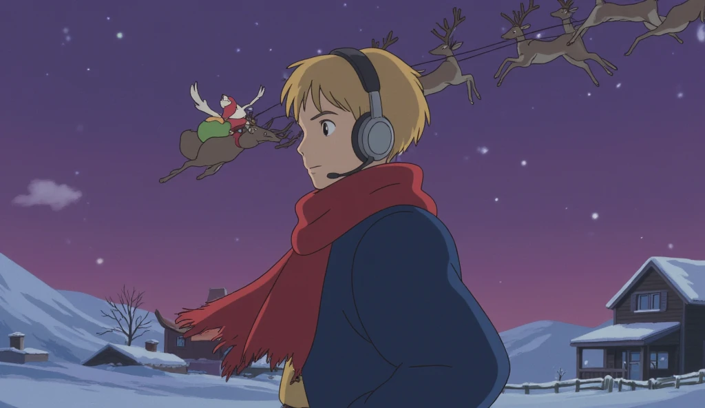  top quality , LOFI風、A cool blond boy wearing a scarf wearing headphones and listening to music on a snowy night、 anime style、Overall fashionable 、Ghibli style、The background is purplish、 Christmas、Santa is flying through the sky on a reindeer 。