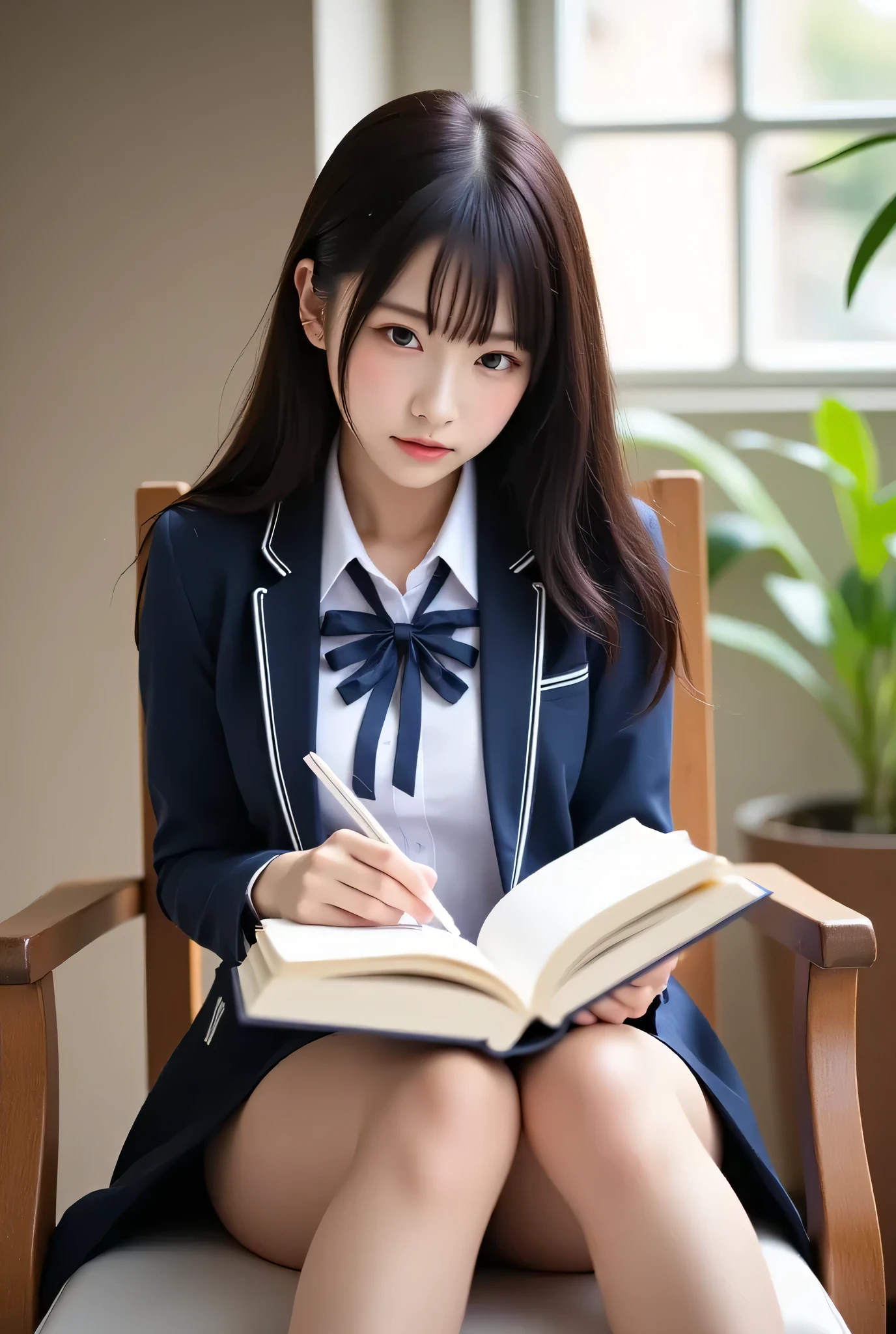 young woman in long-sleeved uniform {x} viewed from a slightly higher perspective , 18 years old, In a long-sleeved uniform , sitting in a chair, Open your legs a little, focusing on books , natural light, top quality , detailed uniform , gentle expression , Gentle colors, casual pose, a realistic image. white panties,, camel toes,Big Torpedo Breasts ,