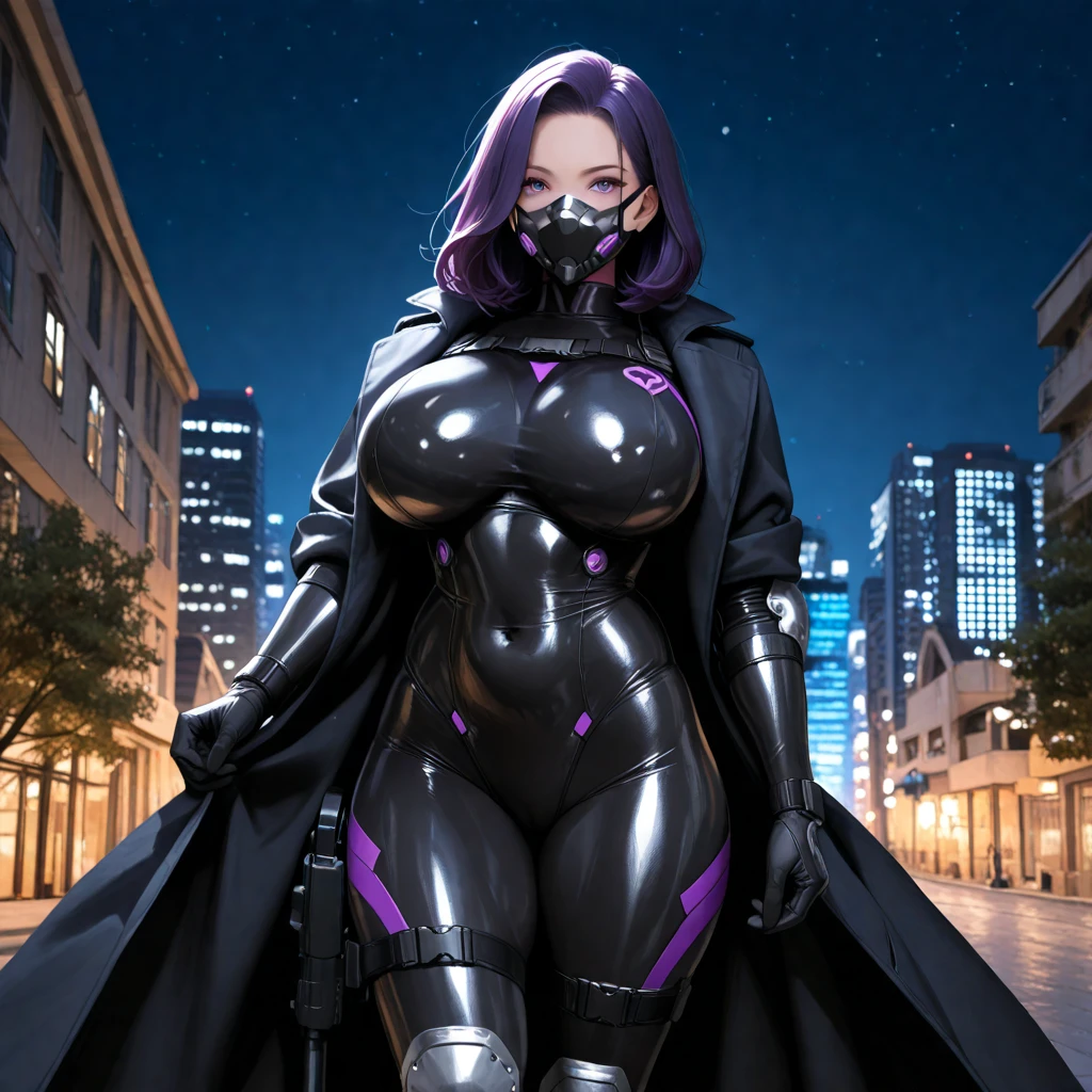  accurate human body、 anatomically correct、５ Fingers,Night City、 building roof、Vigilante 、Super hero,  mature woman 、huge tits、huge hip、 medium hair、 plump 、 muscular、anger、Tree Eyes、Purple Hair、 shiny skin 、 gray bodysuit 、oversized black trench coat、gun、Elbow pads、Shin Guards、Thighs、Ready for battle、huge breasts,mouth mask