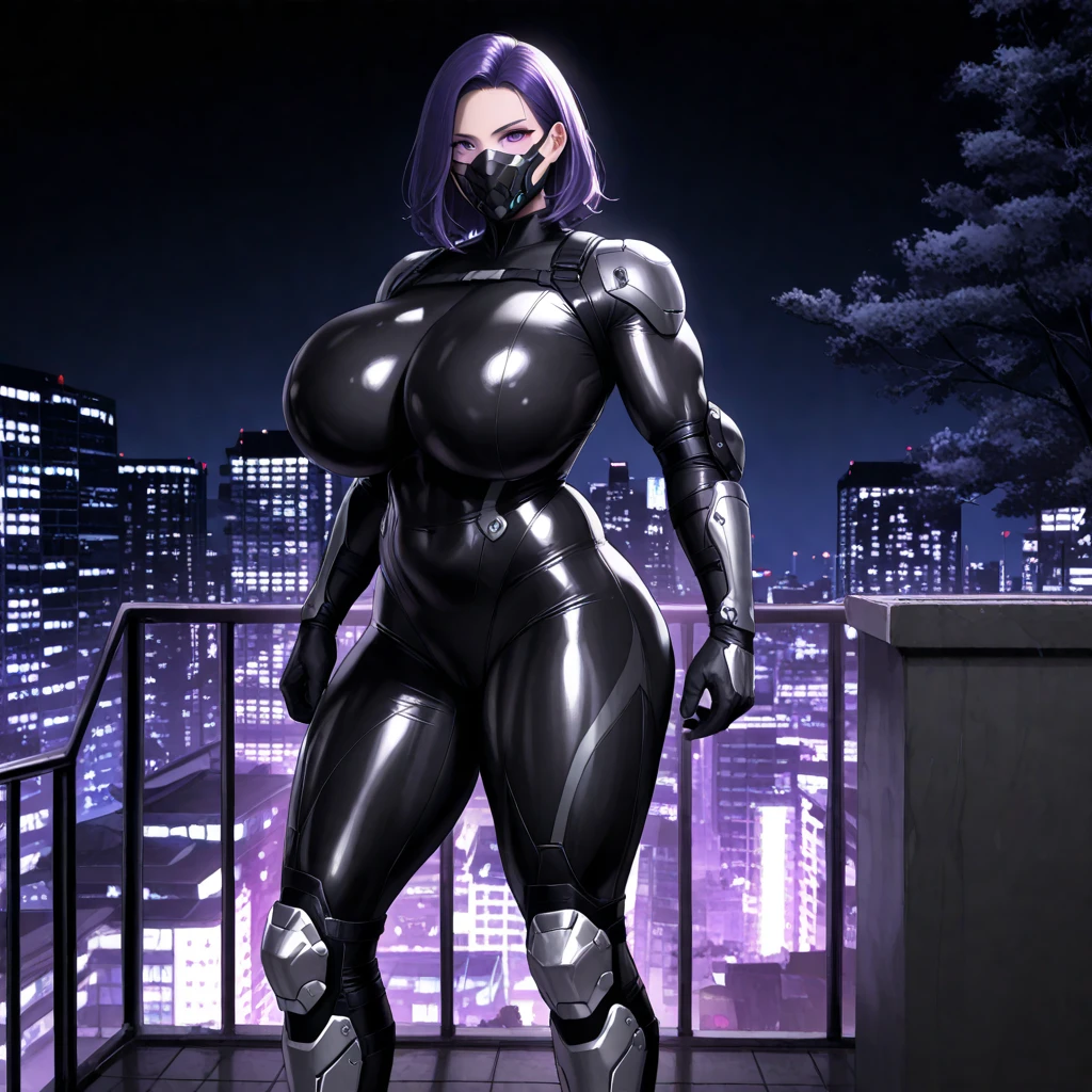  accurate human body、 anatomically correct、５ Fingers,Night City、 building roof、Vigilante 、Super hero,  mature woman 、huge tits、huge hip、 medium hair、 plump 、 muscular、anger、Tree Eyes、Purple Hair、 shiny skin 、 gray bodysuit 、oversized black trench coat、gun、Elbow pads、Shin Guards、Thighs、Ready for battle、huge breasts,mouth mask