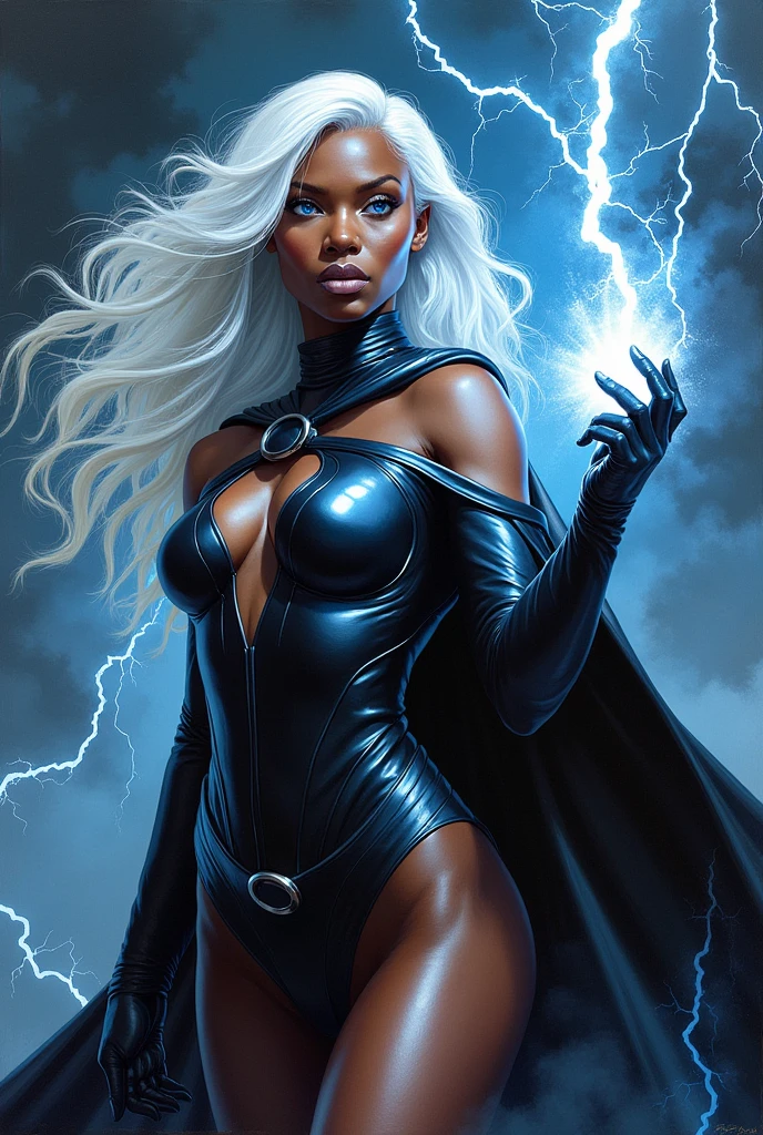 Storm character, girl black skin, long white hair, very sexy black leather superheroine dress, flies, rays, lightning, dark clouds,eroticism, sexy, black and white image, between shadows, oil painting, chiaroscuro, sensual, dramatic lighting, moody atmosphere, photorealistic, intricate details, masterpiece, ultra-detailed, high quality, 8k, best quality, realistic, cinematic, dark and brooding, expressionistic, powerful composition, emotional impact,{{{,nsfw,speech bubble,sexy nude, {{{,{pussy,spread her pussy,cum,cum on pussy,masterbation,straddling,y}}},cute,ultra detailed skin,sketch}}}, ,}}}, art inspired by Bill Sienkiewicz and Dave McKean