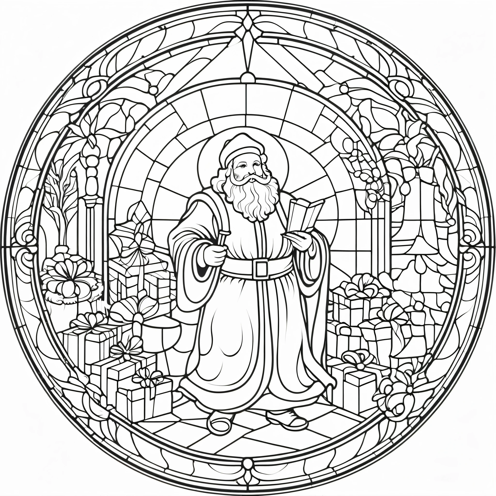 circle, simple line art, black and white, Stained glass design, without colored glass, composed only of lines, The theme is Santa Claus is busy delivering presents,