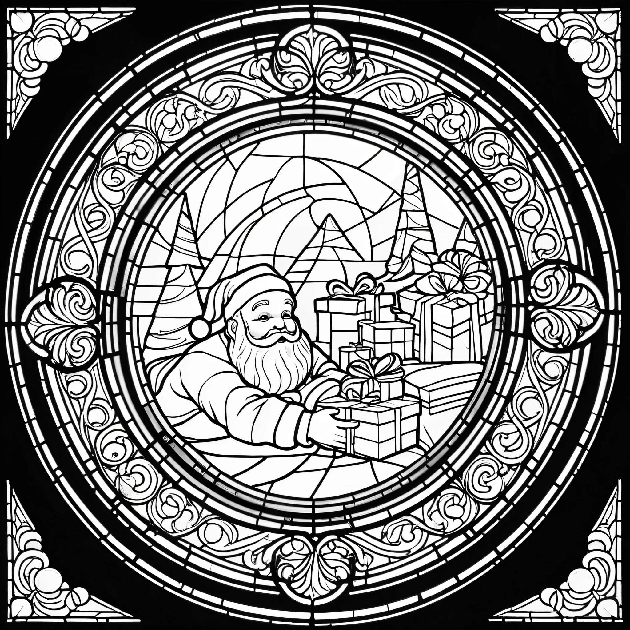 circle, simple line art, black and white, Stained glass design, without colored glass, composed only of lines, The theme is Santa Claus is busy delivering presents,