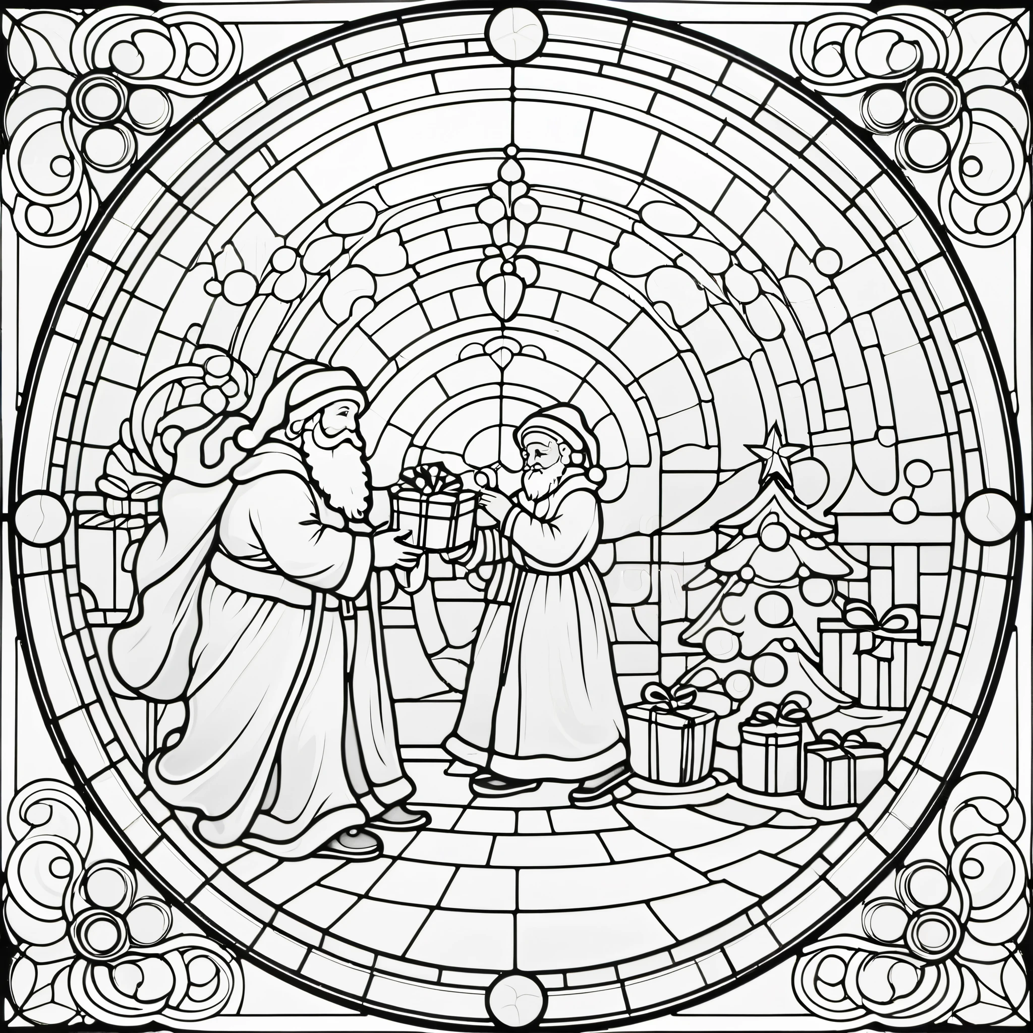 circle, simple line art, black and white, Stained glass design, without colored glass, composed only of lines, The theme is Santa Claus is busy delivering presents,