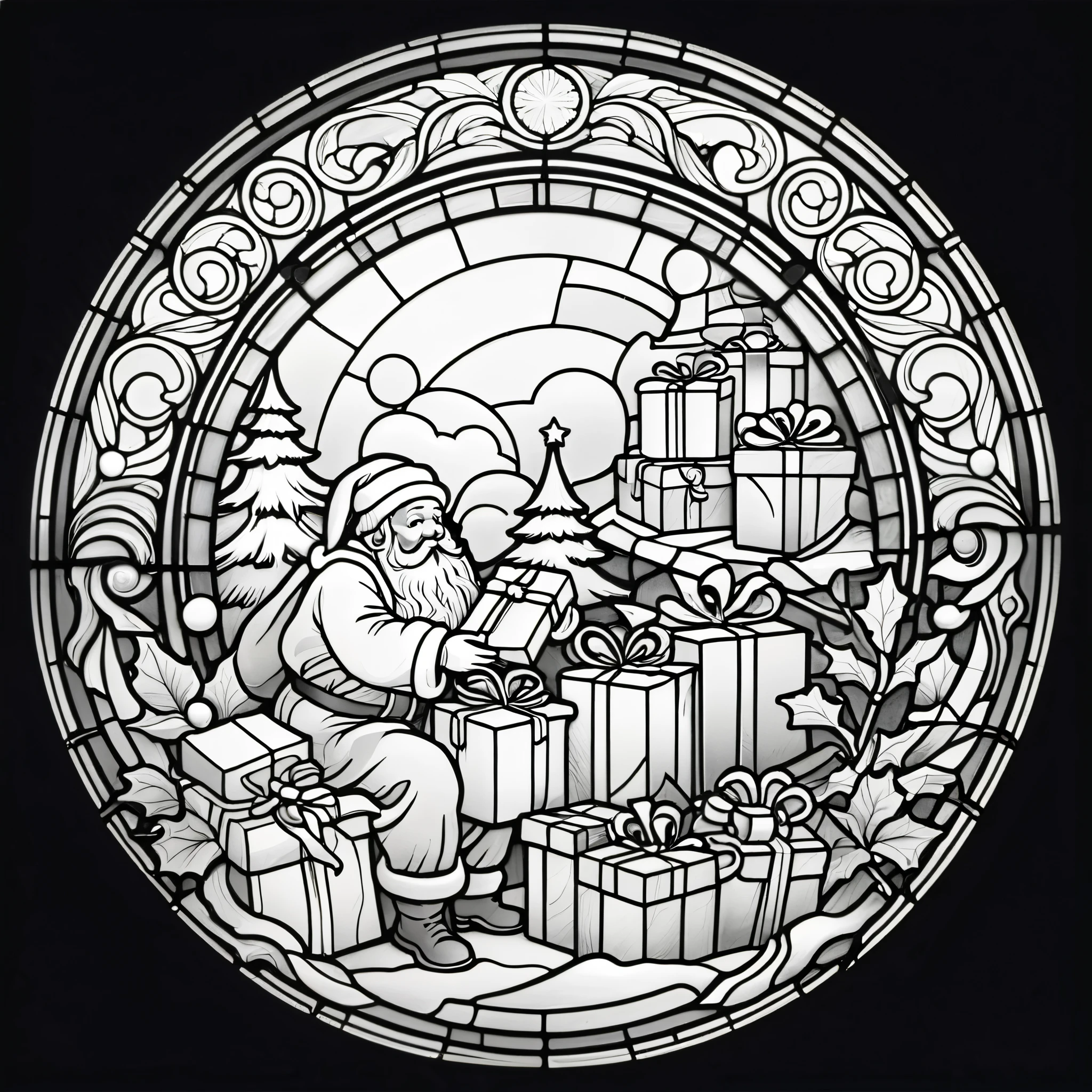 circle, simple line art, black and white, Stained glass design, without colored glass, composed only of lines, The theme is Santa Claus is busy delivering presents,