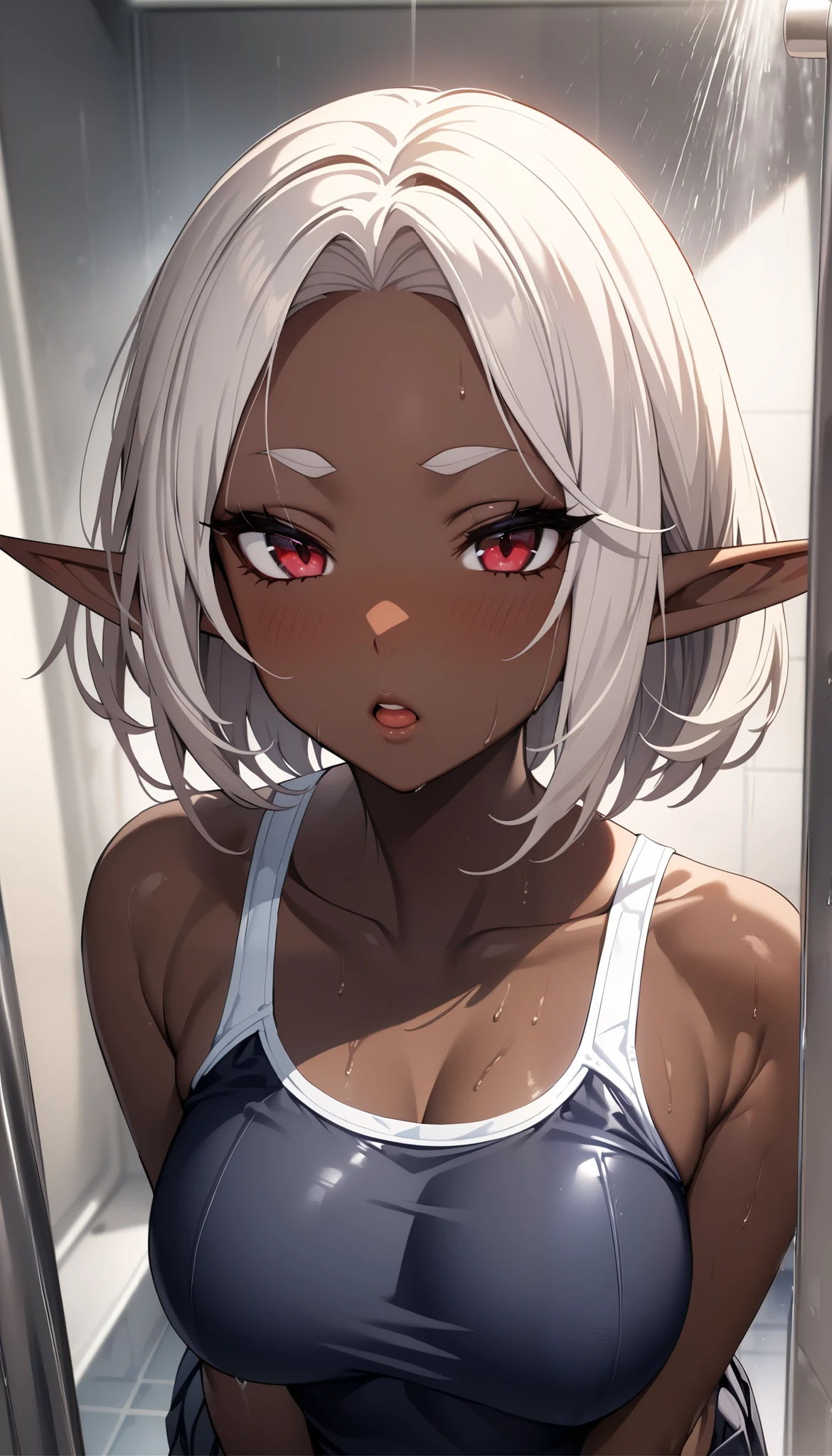 ( top quality :1.2,  very detailed,  high detailed CG illustration ,  soft focus, masterpiece:1.2,  best aesthetics), 1 female, ((( Beautiful Dark Elf Women,  brown skin:1.6))), JK,  Silver Hair,  short hair, Beautiful red eyes,  beautiful lips,  very detailed目と顔,  long eyelashes, Long ears,  pointed ears, Beautiful Kurodan , ((Lewd face:2, Keep your mouth shut)),  school uniform,  school swimsuit:1.4, ( standing pose),  shower room ,  Dark Shiny Light , Quiet, obscene, obscene, Light streaming in,