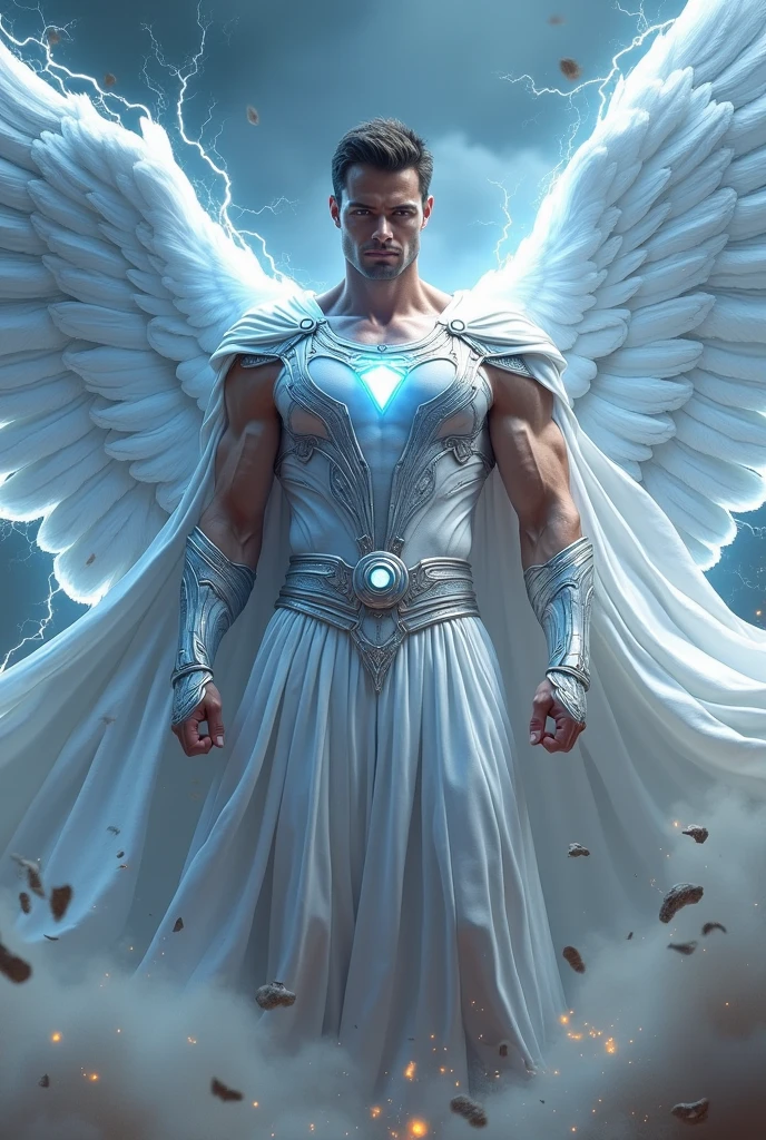 on top of a castle, A stone statue, blue beam of light emits from the statue towards the sky, the statue looks like an ancient god, the statue is hooded, with your face covered, has wings, medieval fantasy world