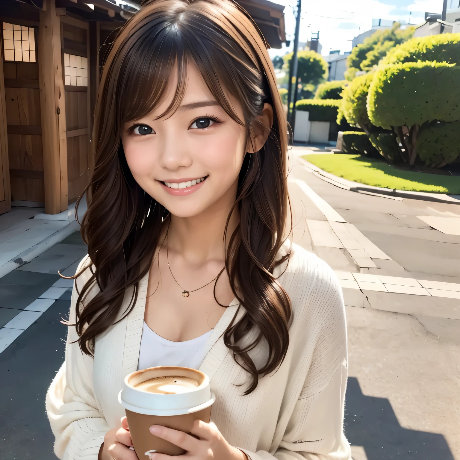 Young girl holding a coffee cup in her hands, cute girl,  cute face, cute-fine-face, 若くて cute face,   Beautiful Japanese Girl's Face , Brown Hair、 cute pretty girl,  beauty、23 years old、 medium hair、lightly curled hair、A gentle smile、 necklace、