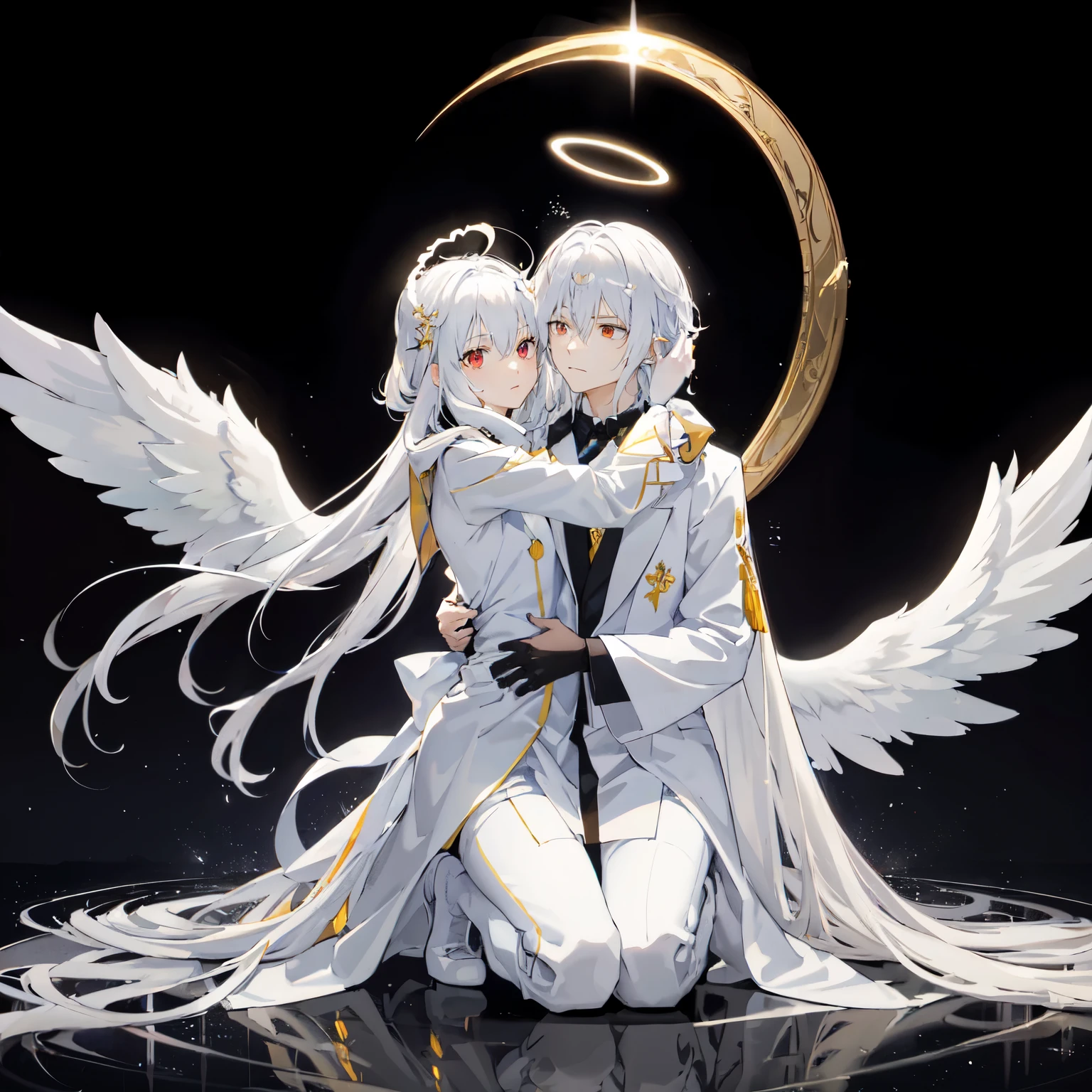 Anime couple hugging and kissing ,  long scarf red color  ,Looking forward Man in formal attire wearing a white and platinum lab coat on top Male,red eyes, cabello largo color platino anime angel con alas y un halo por encima de la cabeza, anime wallpaper , bíblico preciso angel , angelic, ,  glowing angelic being  , an angel, angelical, hd anime wallpaper , Night, angel, ascension,  Big shiny white wings , , Angelic and Disturbing  , the lilies, ethereal anime, angelic angel alas de angel, white-haired deity,  Glowing Angelic Being , Angelic halo, sacred halo, Un angel,  snowy anime background ,  winner of the pixiv , The Angel of Death with a halo, anime wallpaper, angelic and disturbing,  orange halo around her head ,  ray of light through white hair, bright halo above his head,Looking forward Man in formal attire wearing a white and platinum lab coat on top Male,red eyes, cabello largo color platino anime angel con alas y un halo por encima de la cabeza, anime wallpaper , bíblico preciso angel , angelic, angel  glowing angelic being  ,  angel, angelical,  anime wallpaper , Night, angel, ascension,  Big shiny white wings , , Angelic and Disturbing  , the lilies, ethereal anime, angelic halo con alas de angel, white-haired deity,  Glowing Angelic Being , Angelic halo, sacred halo, Un angel, ,  orange halo around her head ,  ray of light through white hair, bright halo above his head, ANGEL HALO shiny white and platinum , masterpiece,  angry face, Ojos rojos, limelight, swirling wind, snowy background ,  ANGEL HALO shiny white and platinum , masterpiece, angry face, Ojos rojos, limelight, swirling wind, snowy background ,  lab coat color white and platinum formal outfit platinum color formal attire complex snowy background 