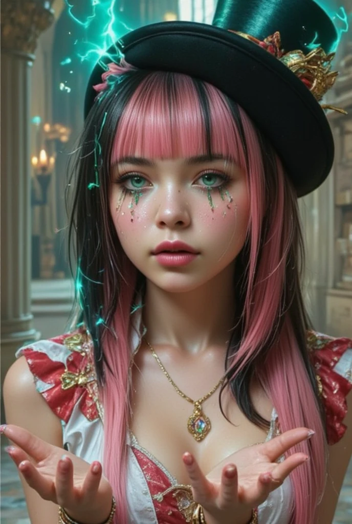 Imagine a beautiful woman with long straight neon pink hair with white skin with neon green eyes with a sculptural body wearing light red and white steampunk armor with ornaments wearing a Victorian top hat with brass bronze glasses on her head energizing blue sparks in her hands in an arcane temple.