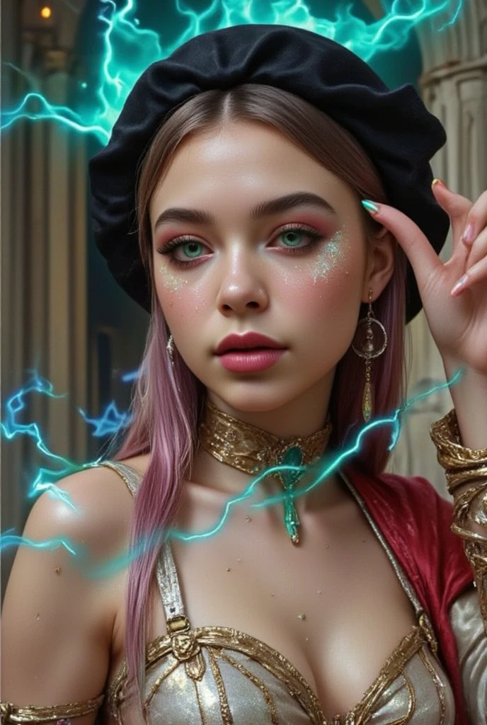 Imagine a beautiful woman with long straight neon pink hair with white skin with neon green eyes with a sculptural body wearing light red and white steampunk armor with ornaments wearing a Victorian top hat with brass bronze glasses on her head energizing blue sparks in her hands in an arcane temple.