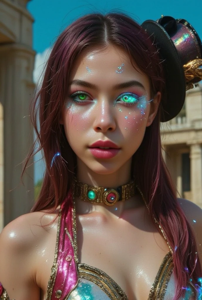 Imagine a beautiful woman with long straight neon pink hair with white skin with neon green eyes with a sculptural body wearing light red and white steampunk armor with ornaments wearing a Victorian top hat with brass bronze glasses on her head energizing blue sparks in her hands in an arcane temple.