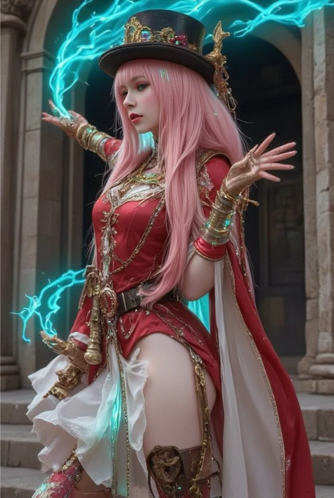 Imagine a beautiful woman with long straight neon pink hair with white skin with neon green eyes with a sculptural body wearing light red and white steampunk armor with ornaments wearing a Victorian top hat with brass bronze glasses on her head energizing blue sparks in her hands in an arcane temple.