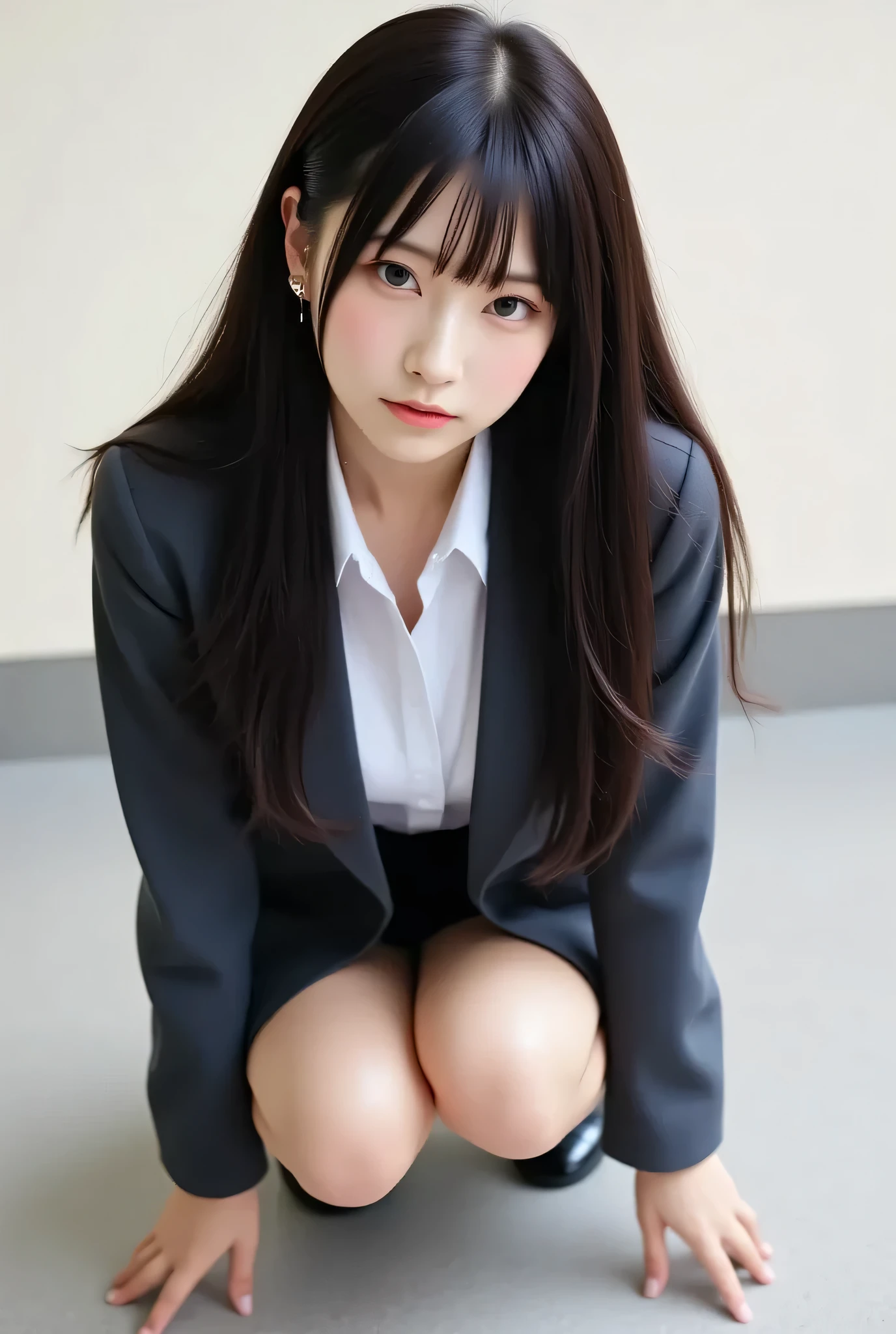 A top quality , modern office lobby , professional office lady with Long Black Hair , in a dynamic crouching pose. top quality , Fine Eye and Skin Details , studio lighting , 30 years old, Japanese , dark eyes, Long Black Hair , Sophisticated, Moderate bust , plump lips , earrings for women with first name, necklace, Charcoal Tight Suit , white blouse, miniskirt, high heels by Miguel, Name tag, Long Sleeve , slight motion blur , crouching , in a dynamic crouching pose , for faces with , Composed, Concentrated, from a slightly lower angle, full body .