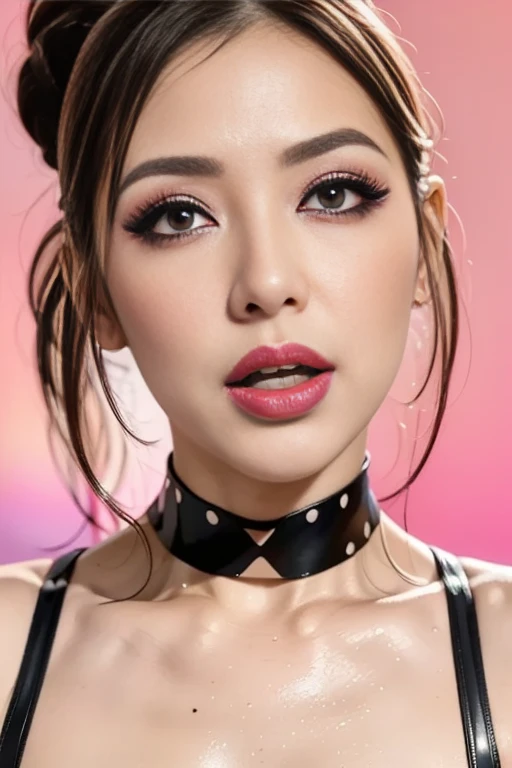 photo of an extravagant model with gorgeous bright neon dotted avant-garde red eye makeup and thick black winged eyeliner, long lashes, shimmering lipstick, looking into the camera, solid pink color background 