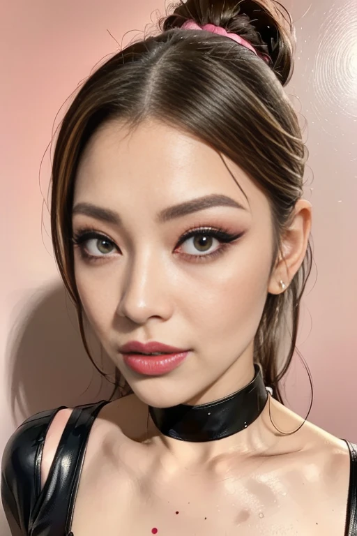 photo of an extravagant model with gorgeous bright neon dotted avant-garde red eye makeup and thick black winged eyeliner, long lashes, shimmering lipstick, looking into the camera, solid pink color background 