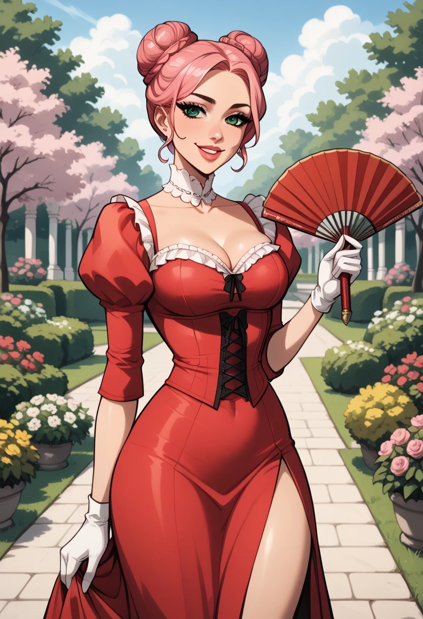 1 woman , Alone, extreme detail,   masterpiece  ,    best quality , beautiful,   high resolution image  ,  review_explicit,  malevolent smile  ,  Expression half-open lips  ,  light green eyes ,   pink hair with elaborate bun , ,    white skin   ,  Victorian-era dress , long red dress with side slit ,show thighs, elegant long white gloves ,  Hold a fan , standing in the garden