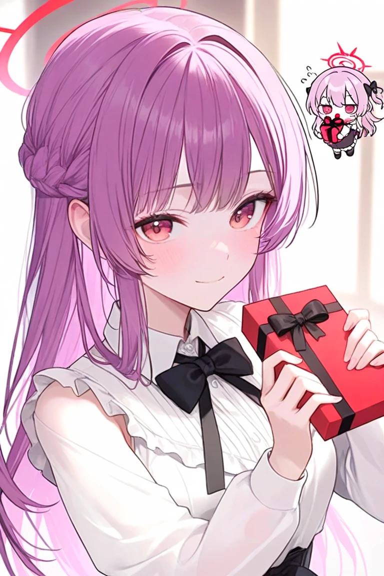 Generate a chibi version of her, while holding a red gift with black bow in her hands