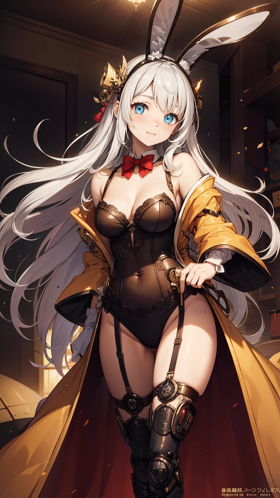 Japan anime-style steampunk illustration、All arms are steampunk-style mechanical prosthetic hands、All legs are steampunk-style mechanical prostheses、Big Steampunk Style Bunny Katyusha、Steampunk style bunny suit with emphasis at the crotch and thin chest fabric and sheer skin、heavy hanging enormous breasts、A beautiful android girl serving customers in a dim midnight underground luxury club illuminated only by incandescent lights