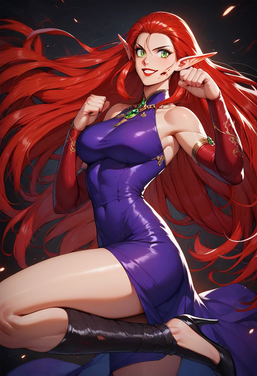 a very sexy woman, 25 year old warrior, blood red lips, red hair color, long hair, green eyes, elf ears, sexy clothing, half cancan, violet dress, black heels, smiling, confidence, fighting pose