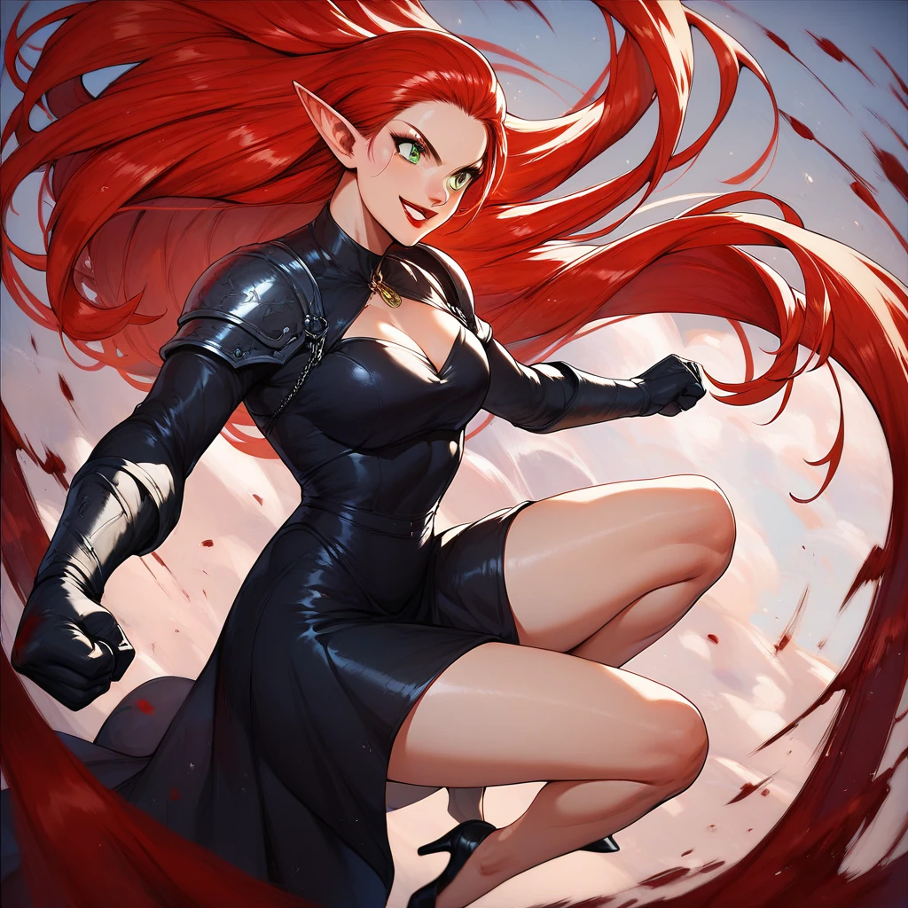 a very sexy woman, 25 year old warrior, blood red lips, red hair color, long hair, green eyes, elf ears, sexy clothing, half cancan, black dress, black heels, smiling, confidence, fighting pose