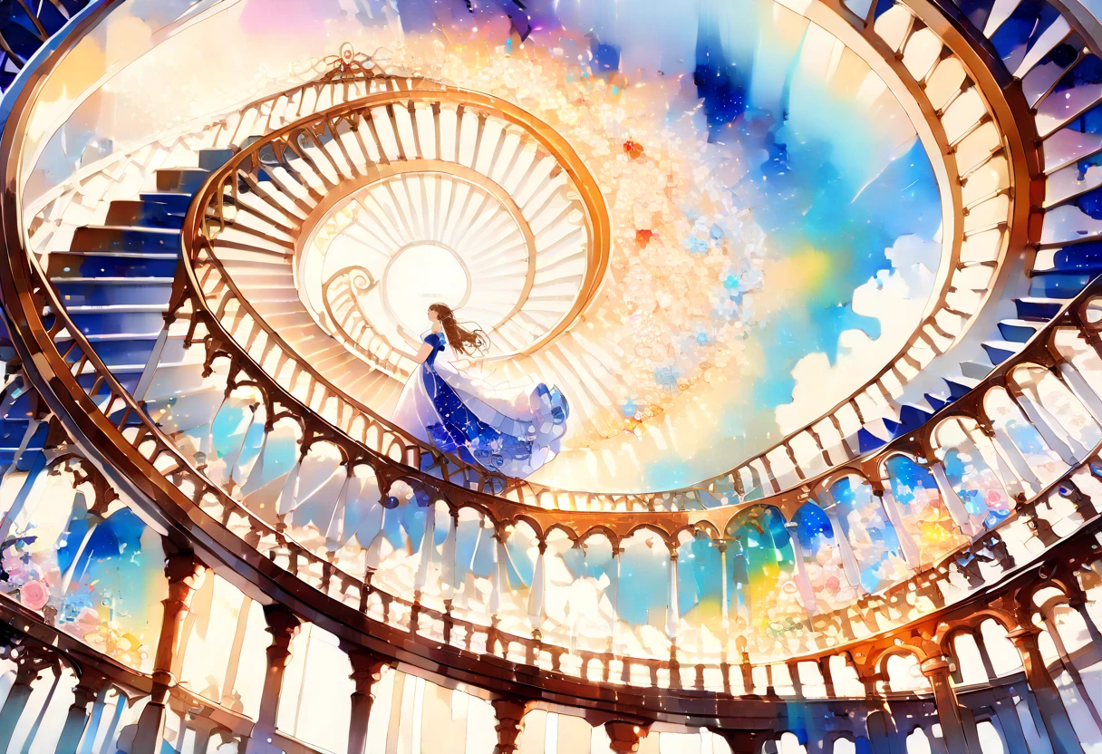 (((An elaborate watercolor painting depicting a beautiful spiral staircase leading from paradise))),(((Unconditional Love))),(( top quality ,masterpiece:1.5)),(( sacred)),((Dazzling light)),( large colorful photons :1.5),( pearl white ),(Perfect Anatomy),( Ultra High Quality ),( detailed background),(Artwork),(Great harmony ),(The 々 creatures you depict are beautiful),Desaturated:1.1, Rich Color Palette ,Beautiful and fantastic lighting, anime style,truth,joy,thank you,comfortable,fair,Elegance,Polite , true strength , full of vitality ,altruism,Beautiful,clean, soft,Here and now , Forget Time ,Unadorned ,fun,continuation