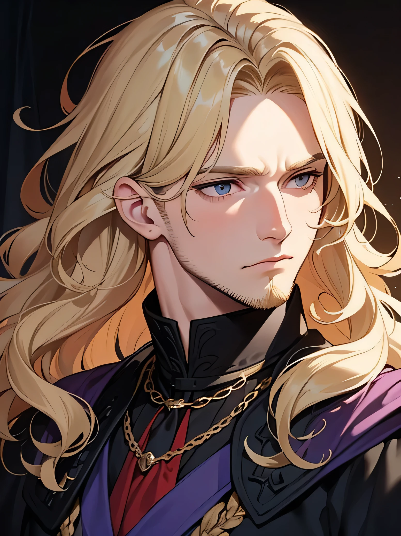 male, late 30s, ((blond, shoulder-length, middle-parted wavy hair)), light-purple, deep-set, Sanpaku eyes, blond chin-curtain beard, aquiline and hooked nose, slightly underbite, chiseled, slightly long face, fearless expression, strong and dependable body, medieval European royal attire, portrait