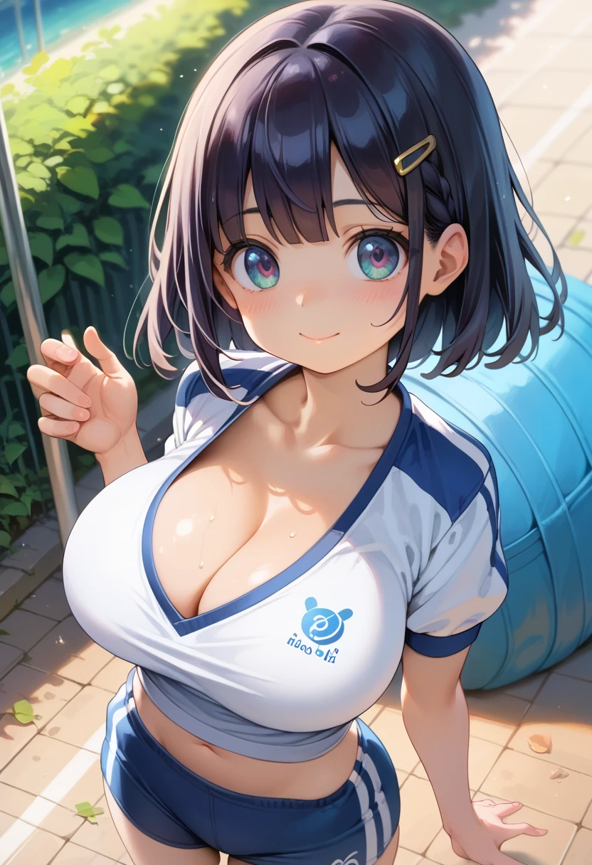 master piece,detailed,(((best quality))),megami magazine ,gym uniform,((big breasts)),girl,(((**li))),(((cute))),(((***ite))),blackhair,medium hair