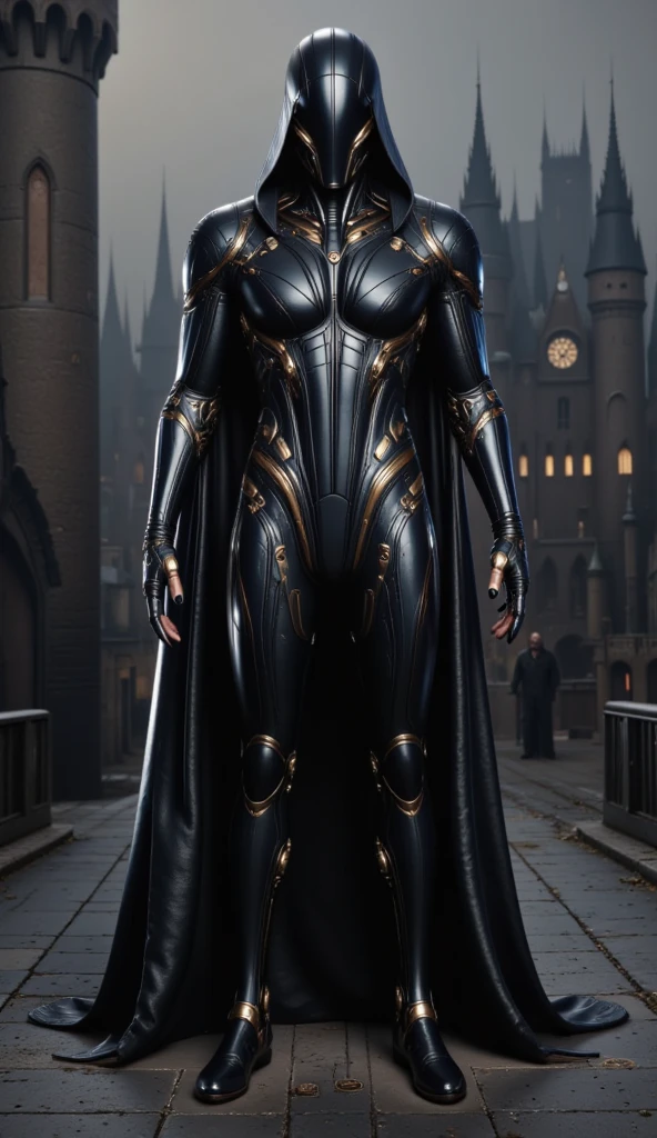 A full-body image of a muscular adult male.black leather full-body image 、face mask and mask hood, .a hooded person in invisible armor . wears leather armor, Tights.epic ninja suit, rogue.Leather fit to cover the whole body. smooth leather .Boy Teenage Assassin , stealth suit , Another World assassin , stand on the roof of a castle. . black night . Dark atmosphere .Low light.Weak lights cast dramatic shadows. Weird Another World atmosphere . Another World city. .whole body image.Handheld composite mechanical giant bow.full body photo.FANTASY.collar.Big crotch bag.tactical equipment
