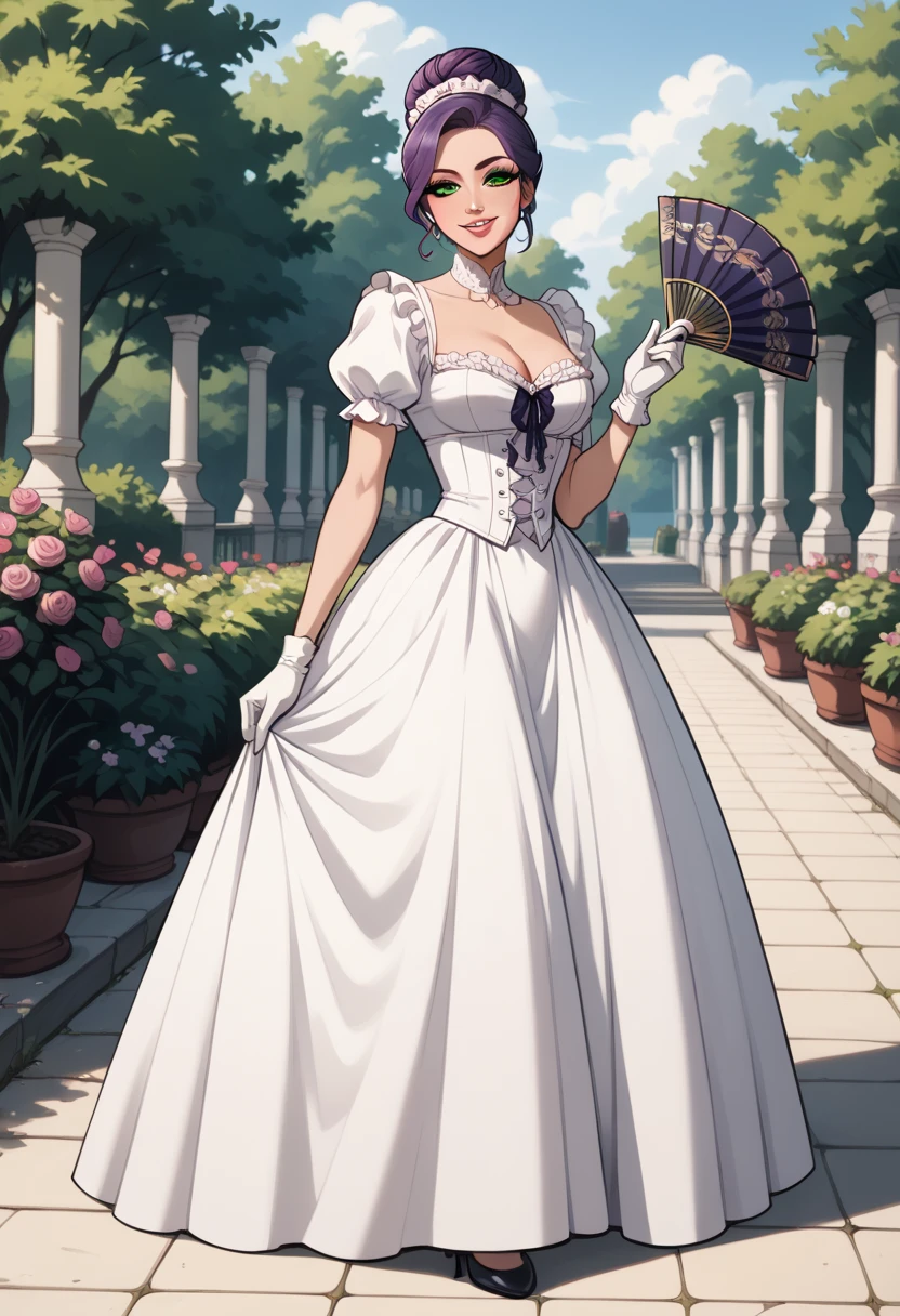 1 woman , Alone, extreme detail,   masterpiece  ,    best quality , beautiful,   high resolution image  ,  review_explicit,  malevolent smile  ,  Expression half-open lips  ,  light green eyes ,  purple hair with elaborate bun , ,    white skin   ,  Victorian-era dress , royal blue long dress with side slit ,show thighs, elegant long white gloves , long legs, Hold a fan , standing in the garden