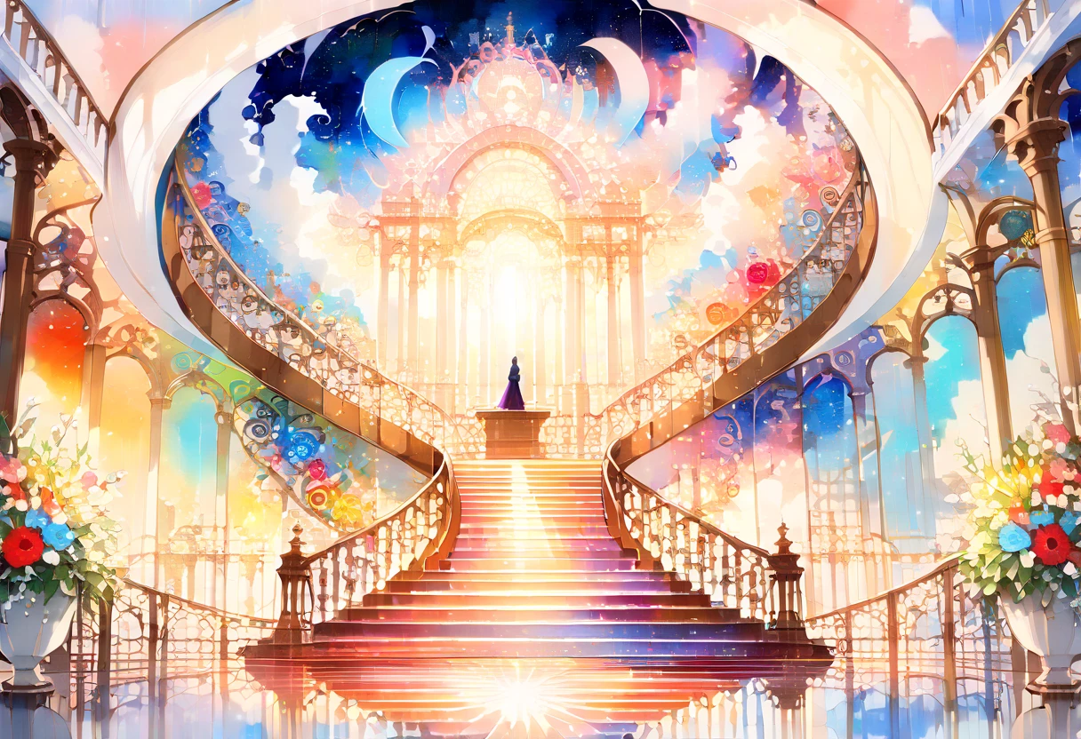 (((An elaborate watercolor painting depicting a beautiful spiral staircase leading from paradise))),(((Soul Love ))),(( top quality ,masterpiece:1.5)),(( sacred)),((Dazzling light)),( large colorful photons :1.5),( pearl white ),(Perfect Anatomy),( Ultra High Quality ),( detailed background),(Artwork),(Great harmony ),(The 々 creatures you depict are beautiful),Desaturated:1.1, Rich Color Palette ,Beautiful and fantastic lighting, anime style,truth,joy,thank you,comfortable,fair,Elegance,Polite , true strength , full of vitality ,altruism,Beautiful,clean, soft,Here and now , Forget Time ,Unadorned ,fun,continuation