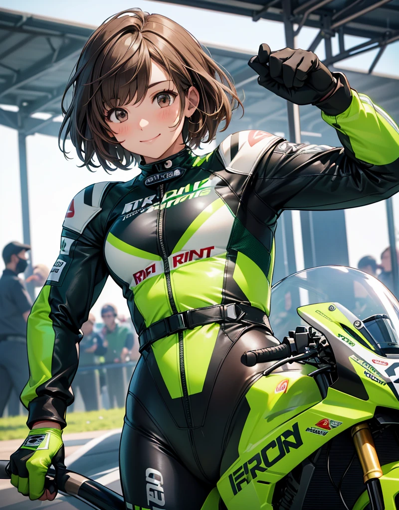  One girl , solo,  high res, chest,  blush,  smiles,  short hair , bangs,  brown eyes,  high res, masterpiece, accurate,  anatomically correct,  wins numerous awards, 最 High Quality , high detail,  high definition model ,  High Quality ,  retina,  very detailed,  Ultra Fine, Brown Hair, standing, ((( GREEN LEATHER RACING SUIT ))), circuit field background , GREEN SPORTS BIKE ,  wear a green racing suit all over, Leather gloves,  open your mouth and laugh, Highlight the whole body,  don't reveal your skin, During a circuit race, Motorcycle circuit , motorcycle circuit,  racing suit with sponsor logo , ( One girl , Well-proportioned body,  cute face,  short hair:1.2), (最 High Quality ,  high res,  ANIME STYLE,  Motorsports rider with digital drawing mode  ,  realistic :1.1), MotoGP rider,  pose beside a Moto GP bike with a helmet in hand,  depth of field ,  Circuit Background ,  detailed texture with helmet in hand, Number 15,