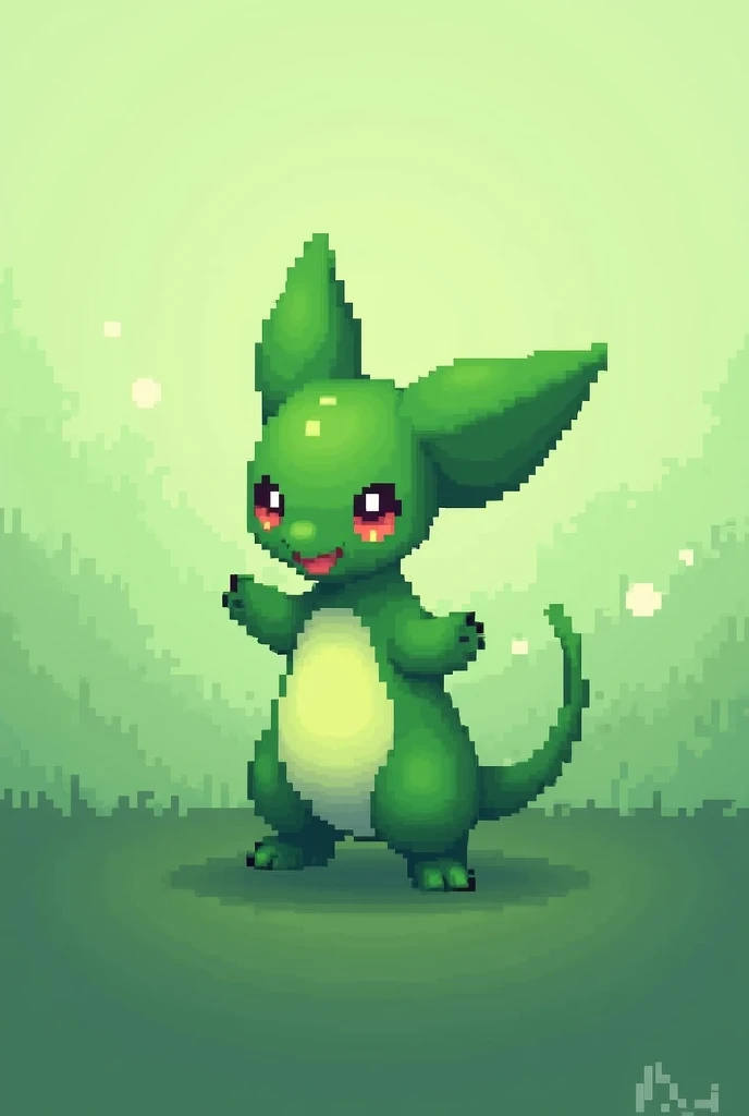 NFT 1: "Simple Grass Pokémon - Basic Style"
Prompt: "Create a Grass-type Pokémon in simple pixel art. It should have a green body with minimal details, representing a creature inspired by a plant. The background should feature a gradient of light and dark green, evoking a fresh natural vibe. The Pokémon should have basic, smooth shapes with very few visible pixels. This is the lowest level of detail in the collection."the same image you created but with different colors 