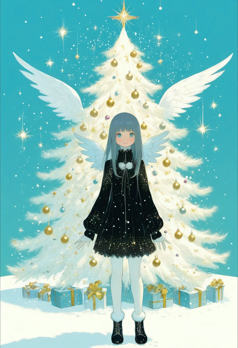 ultra detailed, best quality, in christmas, 1girl with gothic fashion, decorated christmas tree, smile , standing , look at me, angelic atmosphre, bright , glittering particles, shiny, soft color, kawaii anime, cute illustration, angel dust falling, fancy style, snow fall,