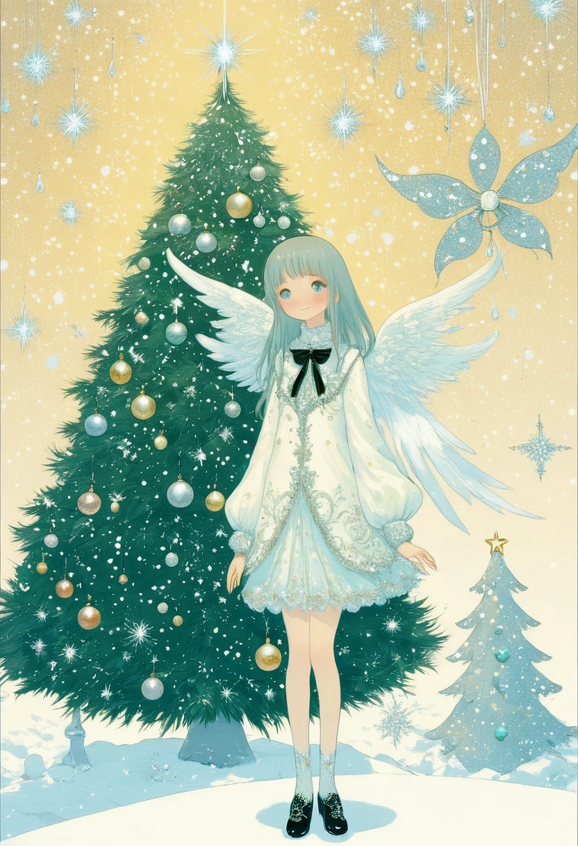 ultra detailed, best quality, in christmas, 1girl with gothic fashion, decorated christmas tree, smile , standing , look at me, angelic atmosphre, bright , glittering particles, shiny, soft color, kawaii anime, cute illustration, angel dust falling, fancy style, snow fall,