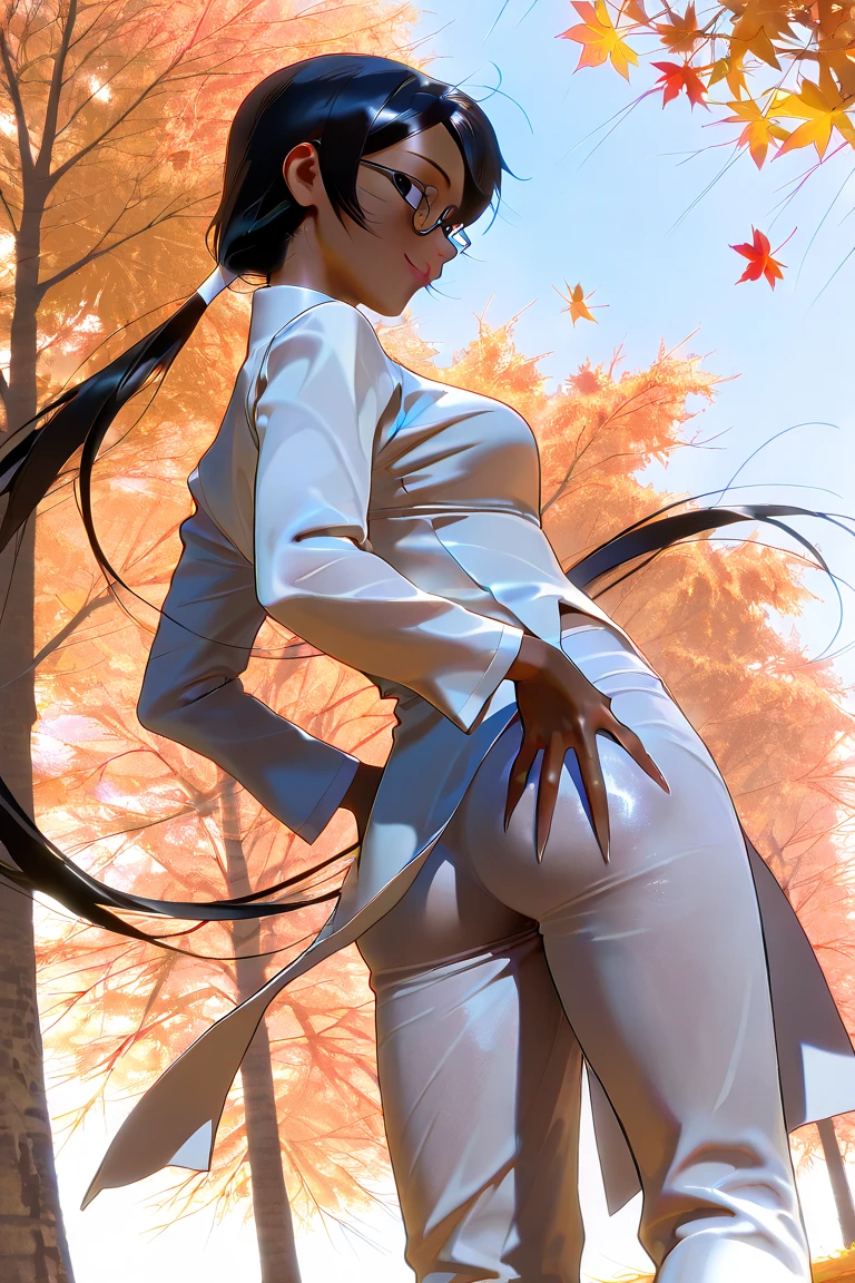 a influenser wearing Ao Dai comes in best autumn leaves season in Tokyo,(sfw), autumn but hot sunny day clear blue sky,
shining skin, perfect quality, high quality, masterpiece, skin texture, detailed skin, realistic skin,

18yo girl,

smile
anime style (cute) round (adorable face) (thick wet lip)
she is looks like arare-chan in real life
(correct gingko tree stem unique rough surface:1.3),
many of tall gingko trees and less maple trees
short round chin (yellow iris), soft shadow on face make her beauty, face profile. tilt head, P:
(standing contrapposto) twisting upper body,
perfect realistic skin, medium breasts,
almost no trancerucency of ao dai,
hands put on her upper ass,
:p
simple background in the park of Japan, under huge gingkotree, Shiba kouen, Tokyo tower on back ground lergesize on screen
leaves of gingko she is throw, falling gingko leaves flying on wind,
(hard diffused spotlighting from diagonally
behind:0.7),
dutch_angle, 
from below, from behind, butt, looking back,
(girl covered with dark shadow of trees:1.3)
(low contrast on skin, low brightness on skin:1.3)
(low highlight on skin:1.3 )
looking at viewer,
narrow sloping shoulders
long glossy black hair very long pigtails twin braid wearing glasses 3part of bangs, 
(oily skin:0.7) (low contrast on skin, low brightness on skin:1.3)
(traditional cutting silky long sleeves white ao dai with white glitter embroidery around fore body),
raglan sleeve ao dai
her right side open design
skin of side belly, white silky long pants as set of ao dai,
pelvic curtain slightly floating by zephyr,
from below, (side portrait:1.3),autumn grass, red maple leaves far away,
set white balance as 5600k on middle tone of skin
under knee out of the frame,
volumetric shadow on breasts, zephyr on fore and back pelvic curtains of ao dai,
various mesmerize posing
(sharp lines:1.3)
various colors of ao dai for matching with the background

zPDXL3