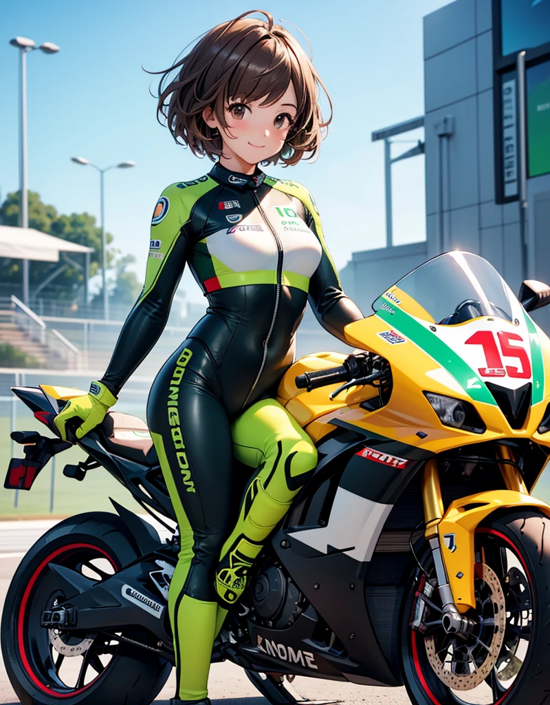  One girl , solo,  high res, chest,  blush,  smiles,  short hair , bangs,  brown eyes,  high res, masterpiece, accurate,  anatomically correct,  wins numerous awards, 最 High Quality , high detail,  high definition model ,  High Quality ,  retina,  very detailed,  Ultra Fine, Brown Hair, standing, ((( GREEN LEATHER RACING SUIT ))), circuit field background , GREEN SPORTS BIKE ,  wear a green racing suit all over, Leather gloves,  open your mouth and laugh, Highlight the whole body,  don't reveal your skin, During a circuit race, Motorcycle circuit , motorcycle circuit,  racing suit with sponsor logo , ( One girl , Well-proportioned body,  cute face,  short hair:1.2), (最 High Quality ,  high res,  ANIME STYLE,  Motorsports rider with digital drawing mode  ,  realistic :1.1), MotoGP rider,  pose beside a Moto GP bike with a helmet in hand,  depth of field ,  Circuit Background ,  detailed texture with helmet in hand, No. 15,