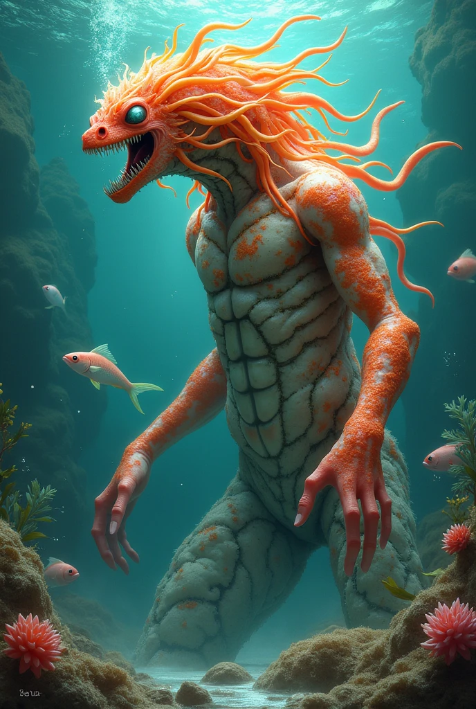 Sea creatures pounce,Sea anemone parts、Full body,Anthropomorphism of sea anemones、red eyes、cruel、Realistic Digital, Humanoid、Convoluted, epicd, Dramatic, masutepiece, high detailing, Best Quality, 超A high resolution、Horror movie lighting