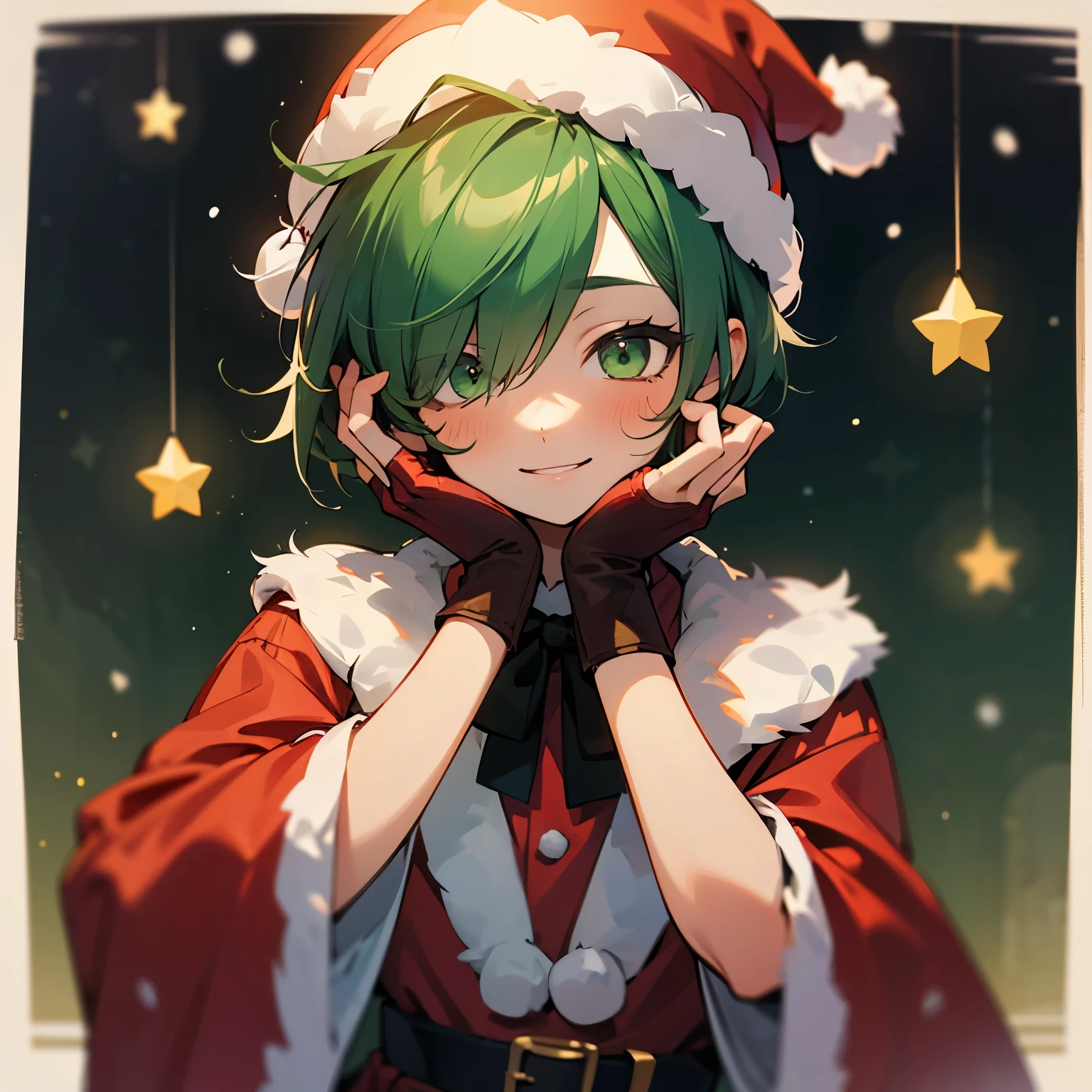 (boy), Dryad, green hair, green eyes, short cut, side part, hair over one eye, thin eyebrows, smiling, flushed, flushing, flushed cheeks,young, alone, short, Shota, overall, Santa Claus , Santa Claus costume, Santa Claus hat, hands on head, far muffler, fingerless glove, belt,  Solo, upper body, inside, in the Xmas festival