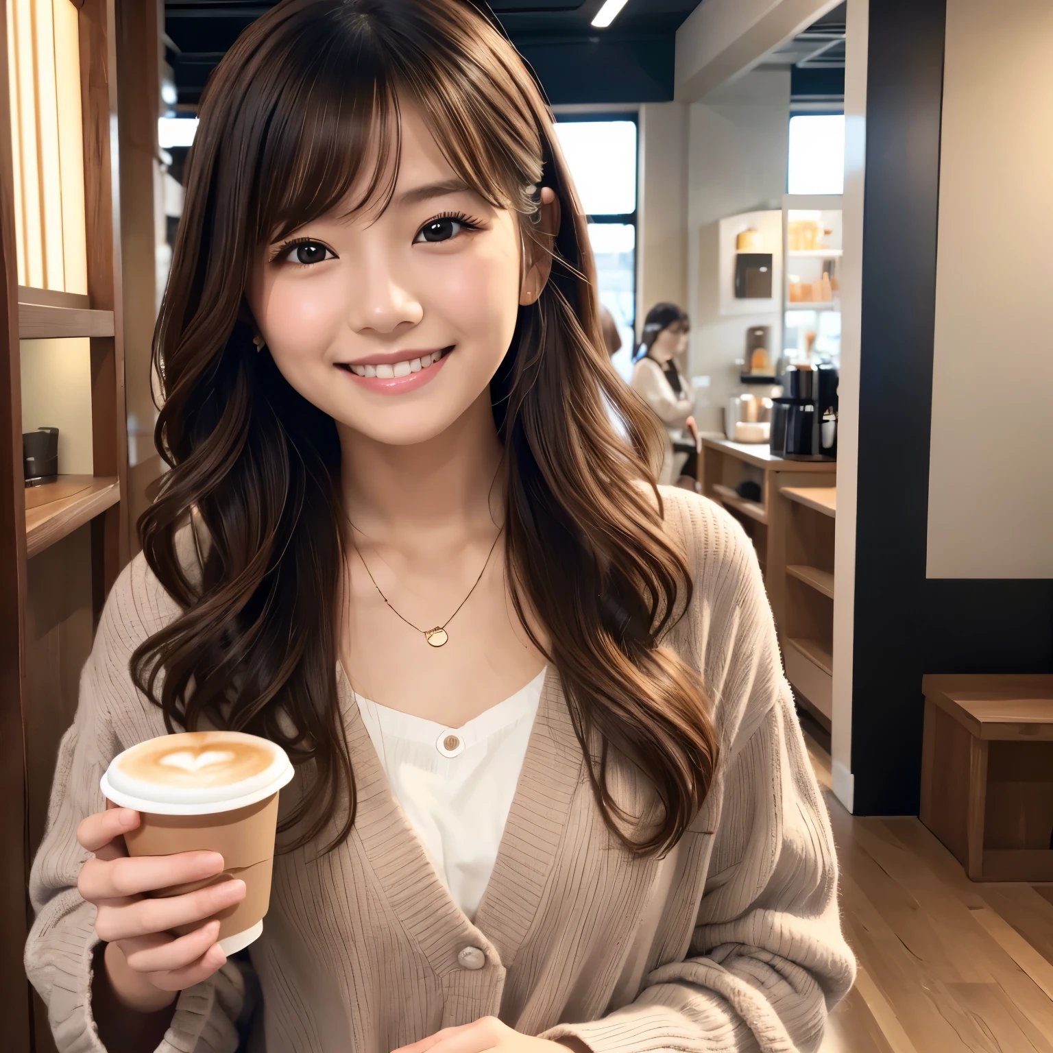 Young girl holding a coffee cup in her hands, cute girl, cute face, cute-fine-face, 若くて cute face, Beautiful Japanese Girl's Face , Brown Hair、 cute pretty girl, beauty、23 years old、 medium hair、lightly curled hair、A gentle smile、 necklace、