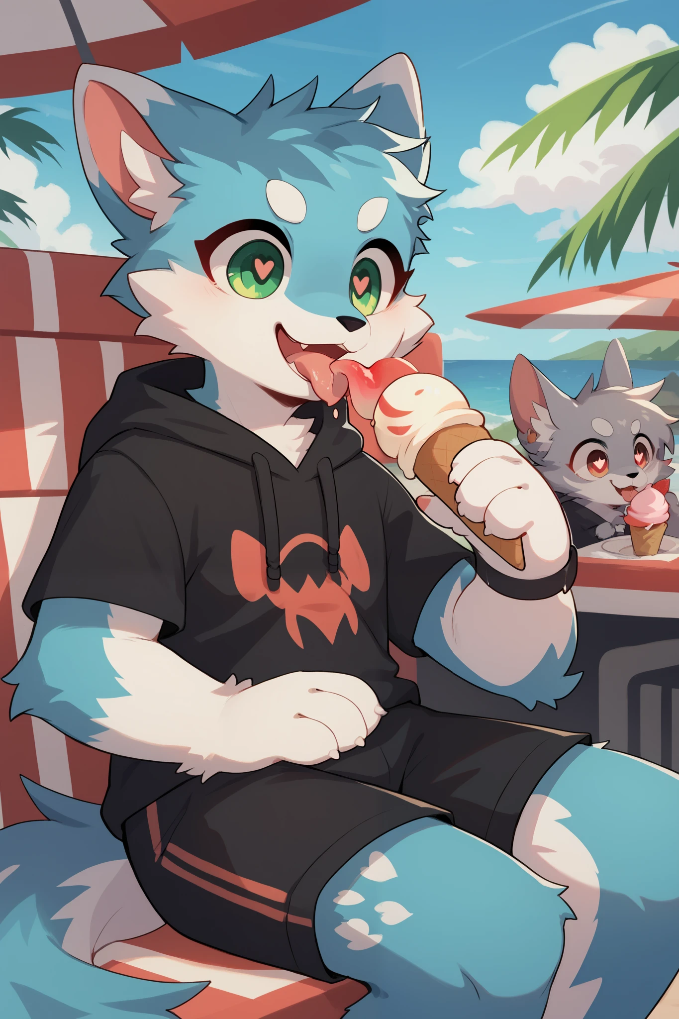      very detailed, very detailed,Blue fur, gray hair,woman,Look at the bones , excited,Heart Eyes,participate, cute face, sitting！, fluffy fur , excited, Lustful Girl ,Beautiful sky,smile,Green,white and black hoodie t-shirt, black shorts ,Licking ice cream,summer,Alone,Dropped ears,My mental age ,want