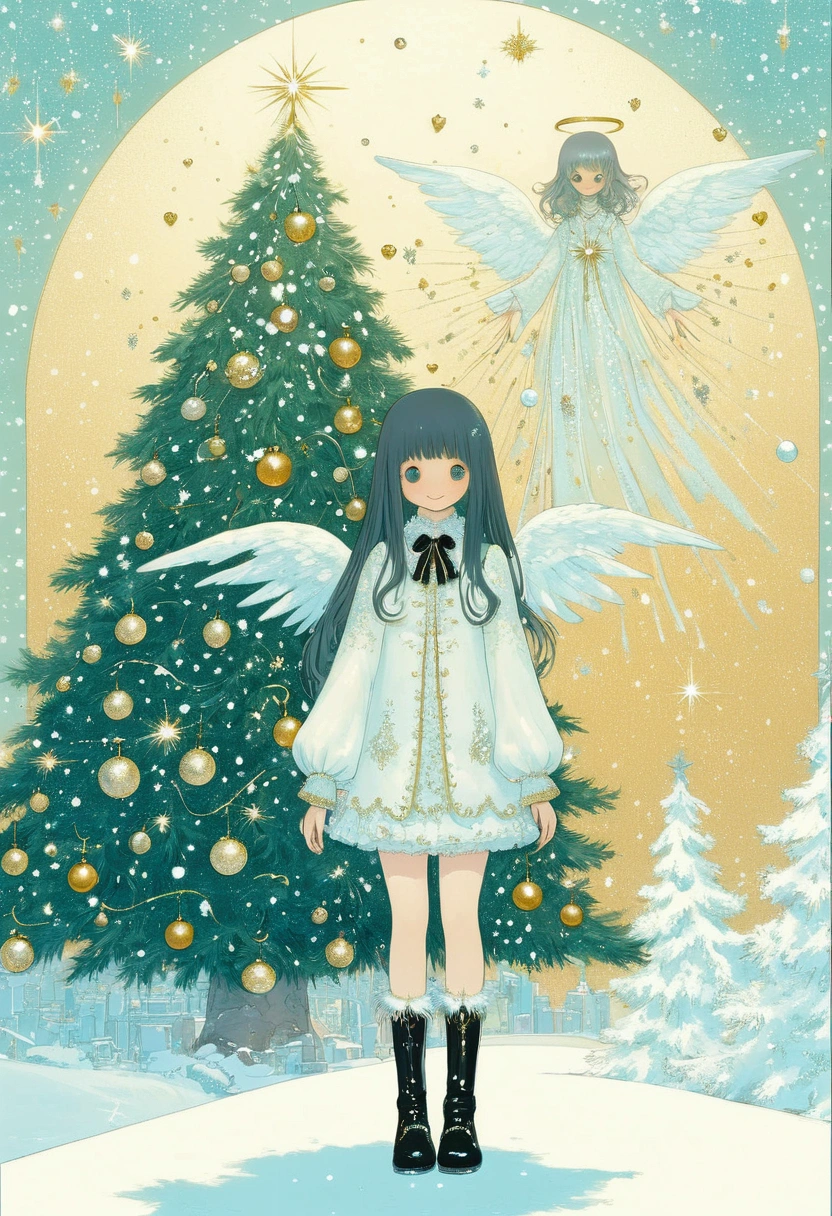 ultra detailed, best quality, in christmas, 1girl with gothic fashion, decorated christmas tree, smile , standing , look at me, angelic atmosphre, bright , glittering particles, shiny, soft color, kawaii anime, cute illustration, angel dust falling, fancy style, snow fall,