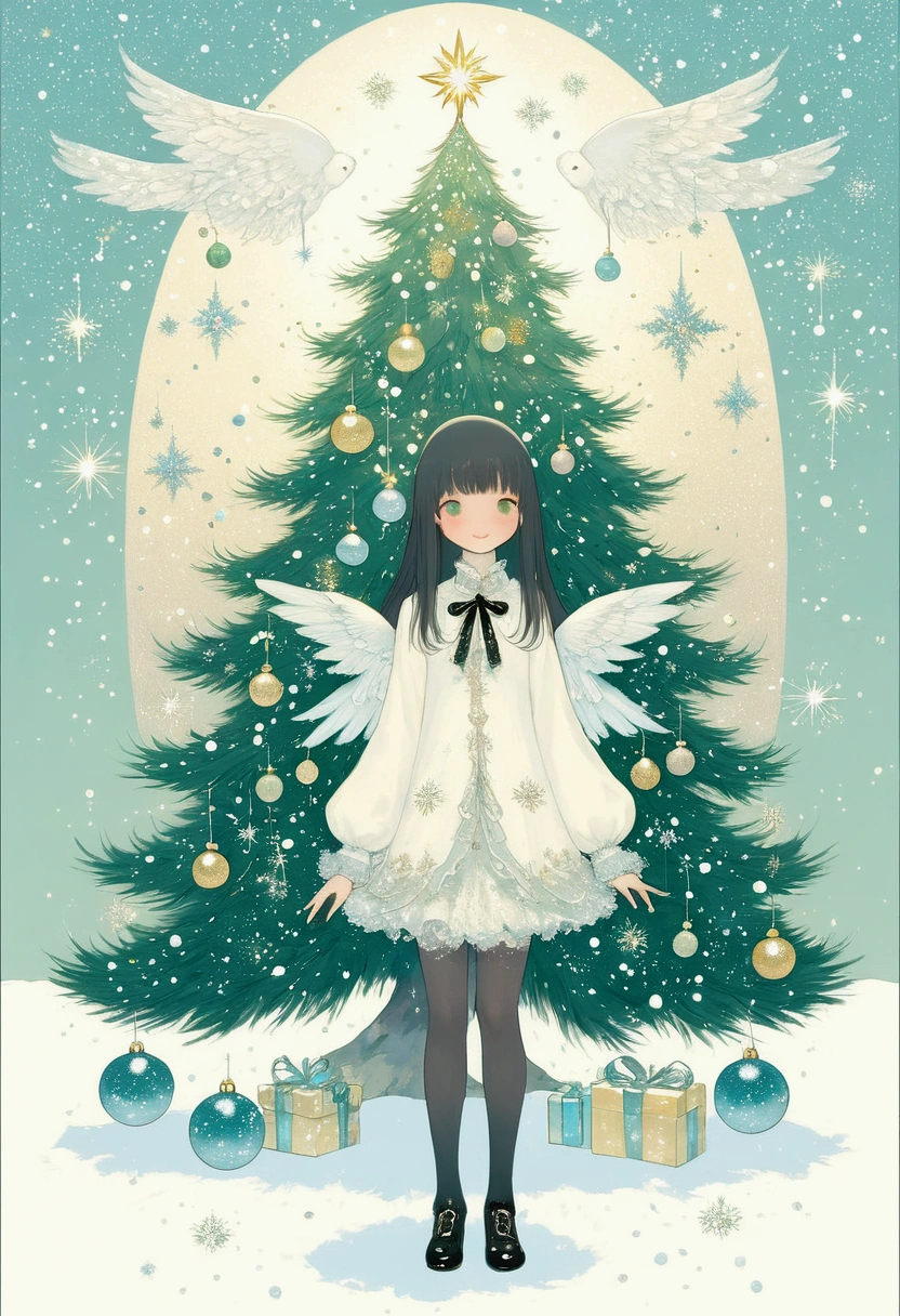 ultra detailed, best quality, in christmas, 1girl with gothic fashion, decorated christmas tree, smile , standing , look at me, angelic atmosphre, bright , glittering particles, shiny, soft color, kawaii anime, cute illustration, angel dust falling, fancy style, snow fall,