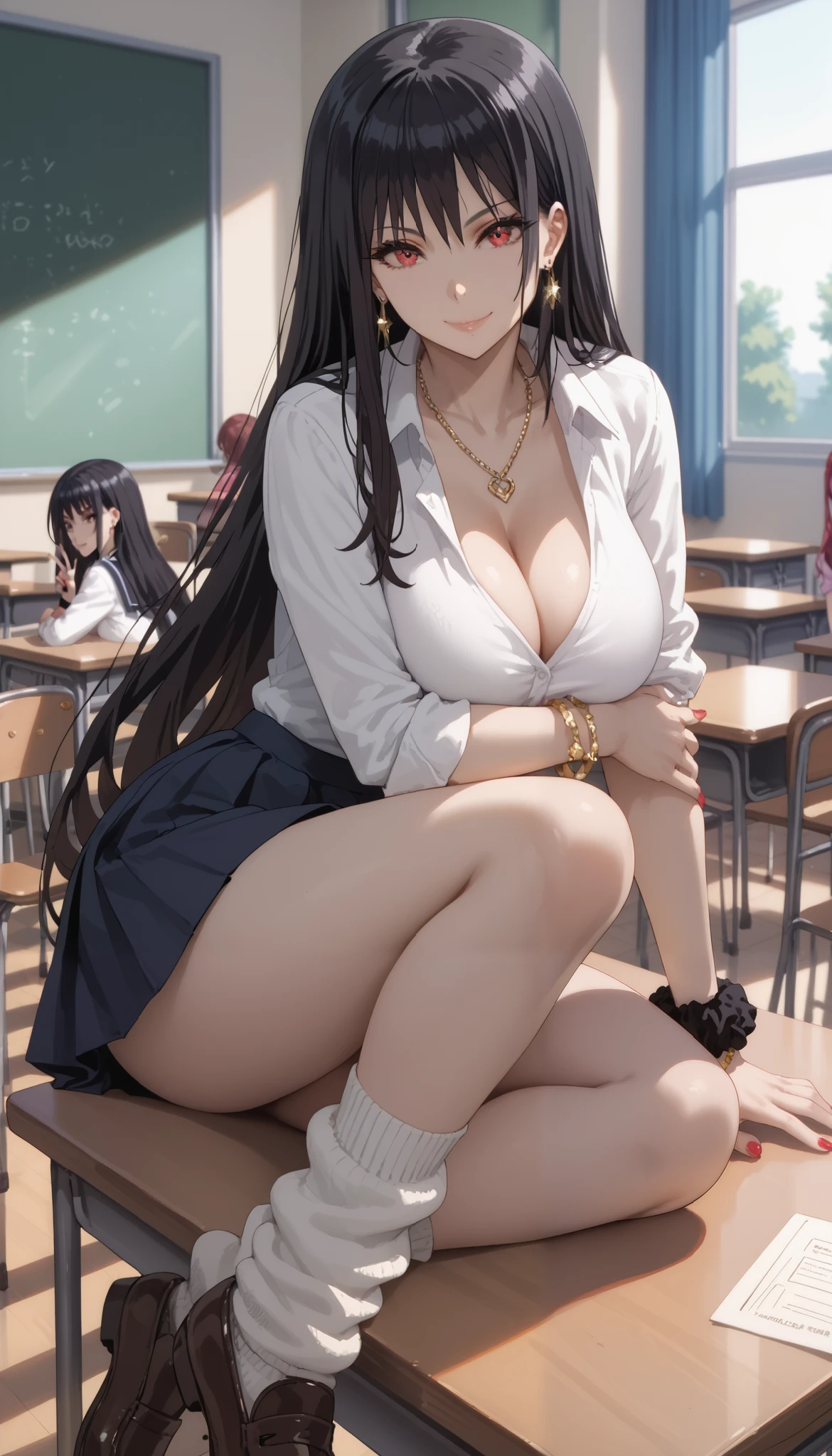 Tall girl, Fit girl,score_9, score_8_up, score_7_up, score_6_up, uncensored, claire kagenou, long hair, black hair, red eyes,rs, purple eyes, huge breast, 1girl, kogal, loose_socks, solo, jewelry, breasts, wrist_scrunchie, skirt, large_breasts, necklace, school_uniform, smile, looking_at_viewer, cleavage, scrunchie, socks, hand_on_hip, earrings, bracelet, shoes, loafers, v, nail_polish, sweater, black_skirt, white skin, sit down at table, classroom, indoors, Afternoon, afternoon light, empty classroom