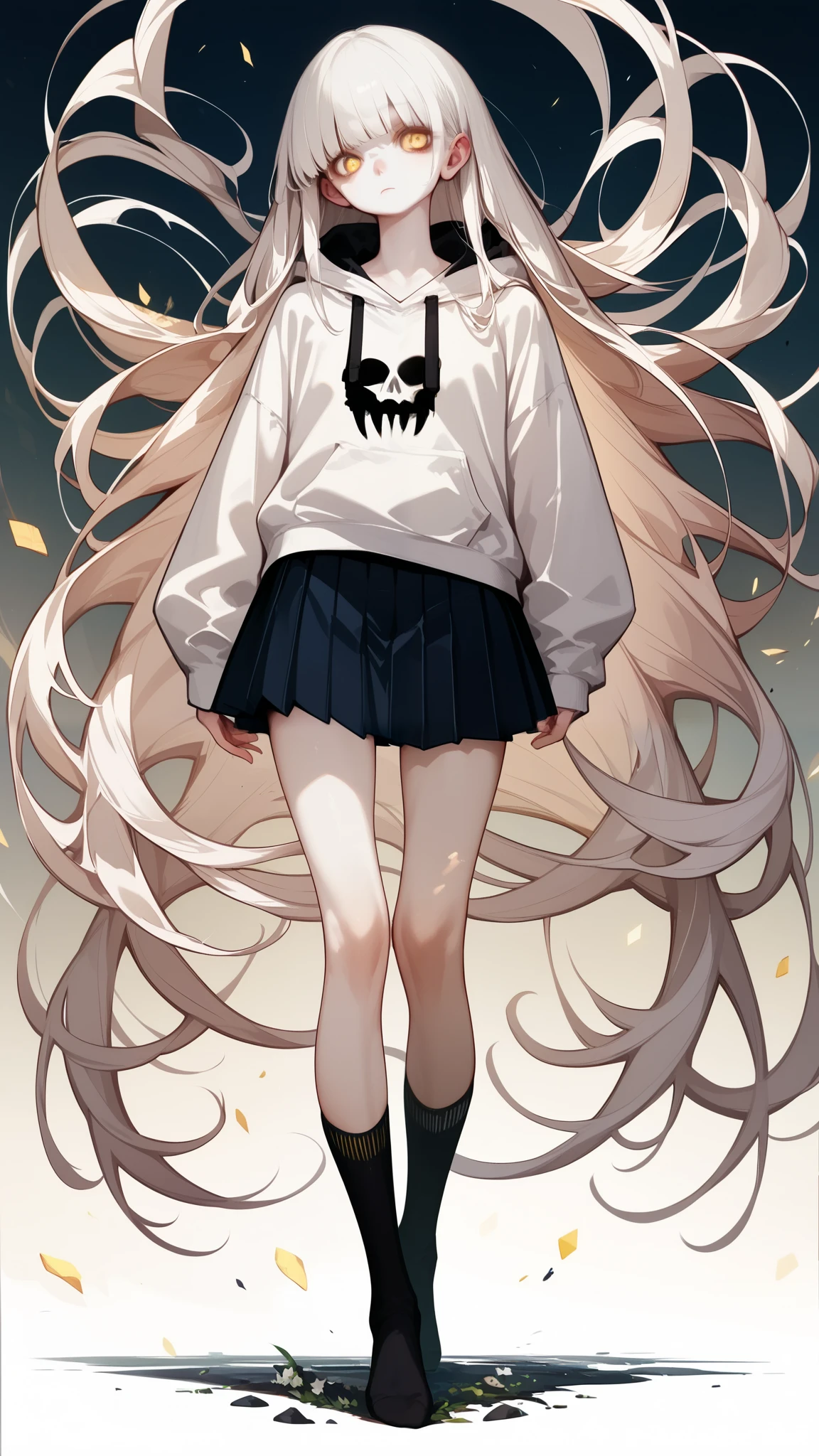 (((Solo Girl))) (   1 girl) ,    full body shot  ,   RAW photos  , ((   long hair )),  long white hair ,   very long straight hair, Short bangs, Albino white skin, Pale yellow eyes ,   realistic skin texture to hide female genitals  , (((smile:0.3))), 💀mark&#39;white hoodie black pleated skirt  ,  Black knee high socks , Sexy Legs 、  Black knee high socks 