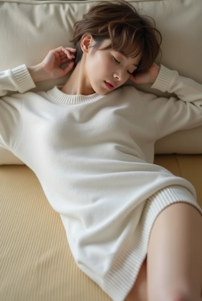 A beautiful 26 Yrs Old Half American Half Japanese Biracial female, young, white skin tone. She is a redhead, natural redhead. Eye Color is Hazel, Slender, Curvy, sexy Body, sitting, comfortable, cozy oversized sweater, leggings, and socks. Sitting on cozy luxury bed, High rise luxury apartment setting, glass walls, day time, photorealistic, very detailed, 1 girl, alone