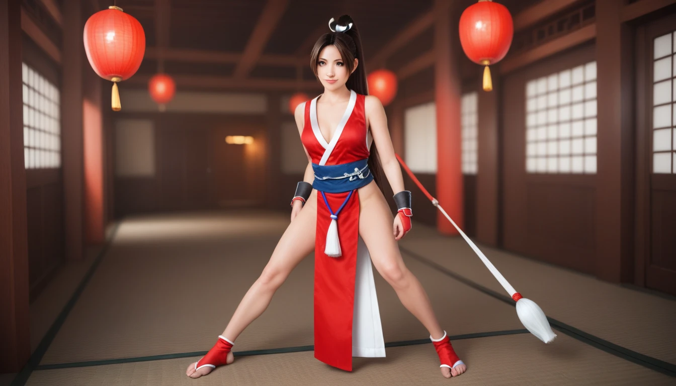 (mai shiranui:1.4), (tabi:1.4), (Full body:1.4), (Toe;1.3), (Realism), (master piece:1.2), (Best Quality), (ultra-detailliert), (8K, 4K, Convoluted), (Flat Lighting:1.2), (skinny), Prestige, Brown eyes, Long hair, brown eyes, long hair, brown hair, white ribbon, sleeveless, ponytail, sash, pelvic curtain, arm guards, gloves, tabi, fascinated expression, Sexy eyes, slim, medium breasts, Smile, Cute, view the viewer, Long hair, Close to Japan temple, (breasts focus:1.2), (Realistic:1.2), light Particle, Lighting, (Highly detailed:1.2), (Detailed face:1.2), (gradients), SFV, Colorful, (Detailed eyes:1.2), Detailed temples of Japan, Detailed background, (Dynamic Angle:1.2), Dynamic Pose, Wide Shot, Daylight, Solo.