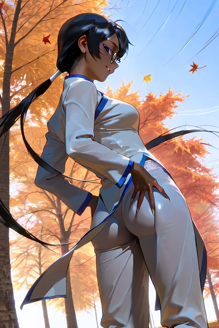 a influenser wearing Ao Dai comes in best autumn leaves season in Tokyo,(sfw), autumn but hot sunny day clear blue sky,
shining skin, perfect quality, high quality, masterpiece, skin texture, detailed skin, realistic skin,

18yo girl,

smile
anime style (cute) round (adorable face) (thick wet lip)
she is looks like arare-chan in real life
(correct gingko tree stem unique rough surface:1.3),
many of tall gingko trees and less maple trees
short round chin (yellow iris), soft shadow on face make her beauty, face profile. tilt head, P:
(standing contrapposto) twisting upper body,
perfect realistic skin, medium breasts,
almost no trancerucency of ao dai,
hands put on her upper ass,
:p
simple background in the park of Japan, under huge gingkotree, Shiba kouen, Tokyo tower on back ground lergesize on screen
leaves of gingko she is throw, falling gingko leaves flying on wind,
(hard diffused spotlighting from diagonally
behind:0.7),
dutch_angle, 
from below, from behind, butt, looking back,
(girl covered with dark shadow of trees:1.3)
(low contrast on skin, low brightness on skin:1.3)
(low highlight on skin:1.3 )
looking at viewer,
narrow sloping shoulders
long glossy black hair very long pigtails twin braid wearing glasses 3part of bangs, 
(oily skin:0.7) (low contrast on skin, low brightness on skin:1.3)
(traditional cutting silky long sleeves white ao dai with white glitter embroidery around fore body),
raglan sleeve ao dai
her right side open design
skin of side belly, white silky long pants as set of ao dai,
pelvic curtain slightly floating by zephyr,
from below, (side portrait:1.3),autumn grass, red maple leaves far away,
set white balance as 5600k on middle tone of skin
under knee out of the frame,
volumetric shadow on breasts, zephyr on fore and back pelvic curtains of ao dai,
various mesmerize posing
(sharp lines:1.3)
various colors of ao dai for matching with the background

zPDXL3